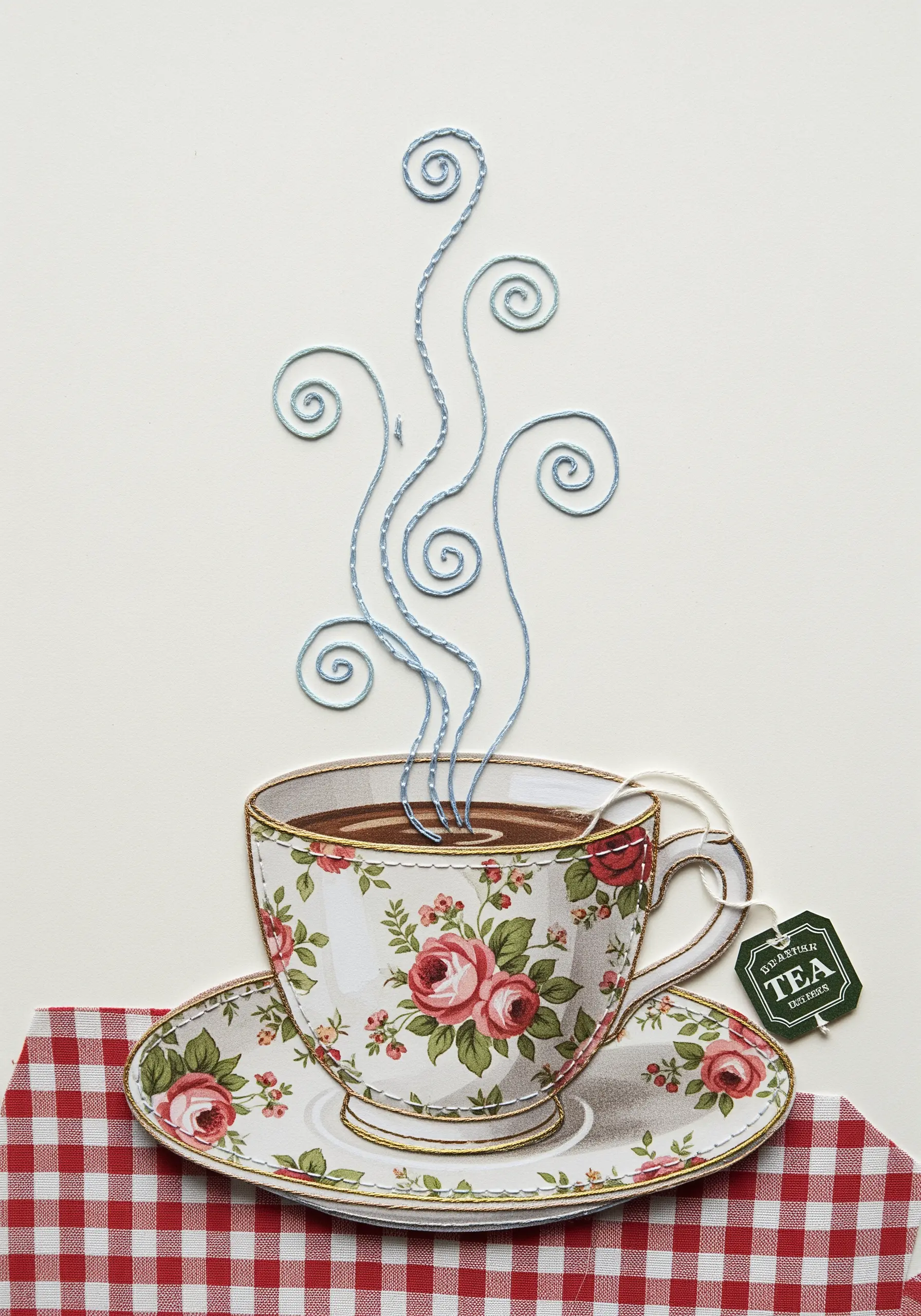 A paper collage of a teacup with delicate blue thread stitched above it to look like steam.