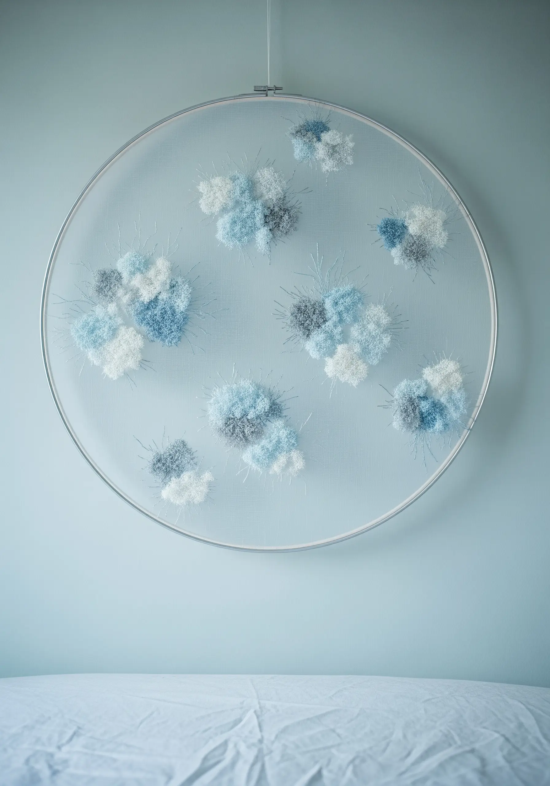 Delicate clusters of blue and white textured embroidery floating on a sheer fabric in a hoop.