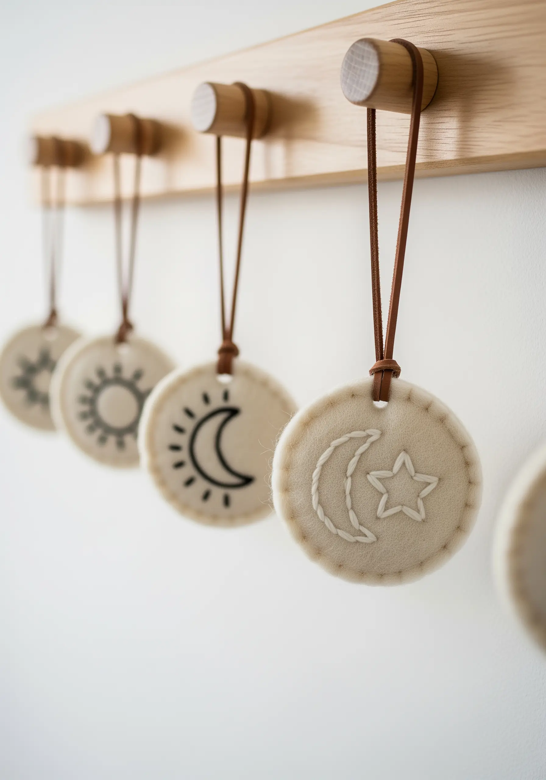 Simple icons like a moon and star embroidered on round felt ornaments.