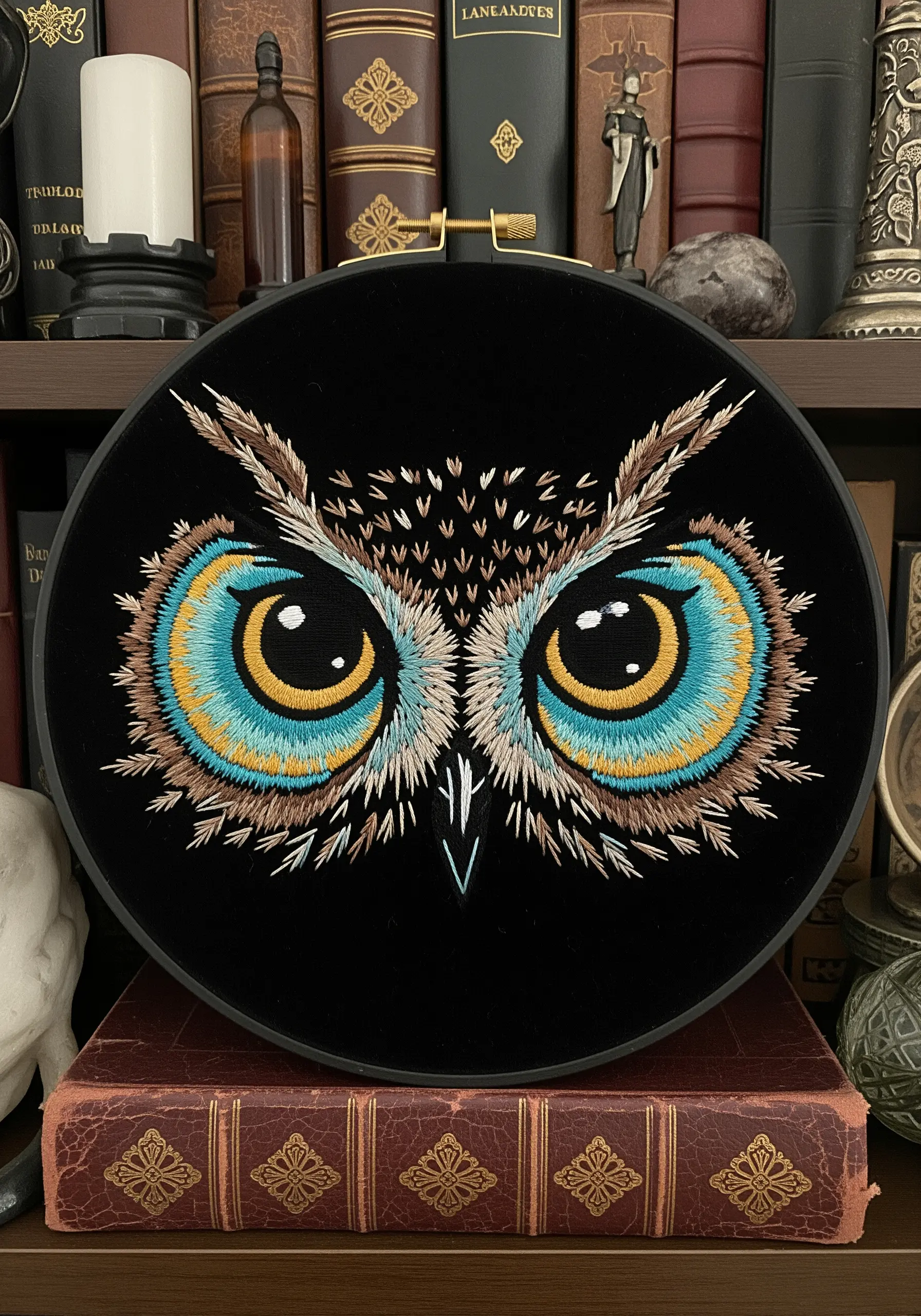 A close-up of intense, embroidered owl eyes with rings of yellow, turquoise, and brown thread.