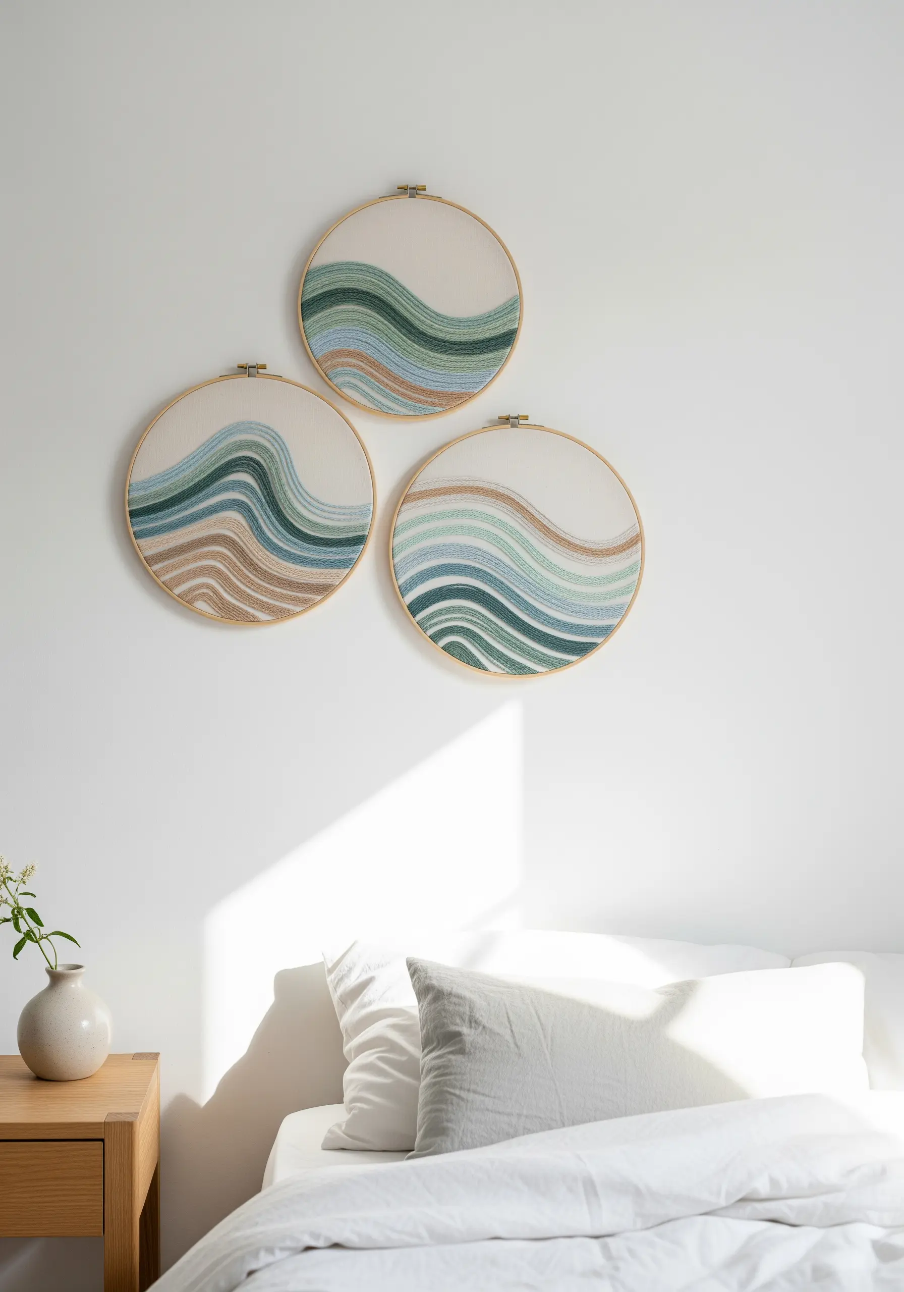 Three embroidery hoops with abstract flowing wave patterns in shades of green, blue, and sand.