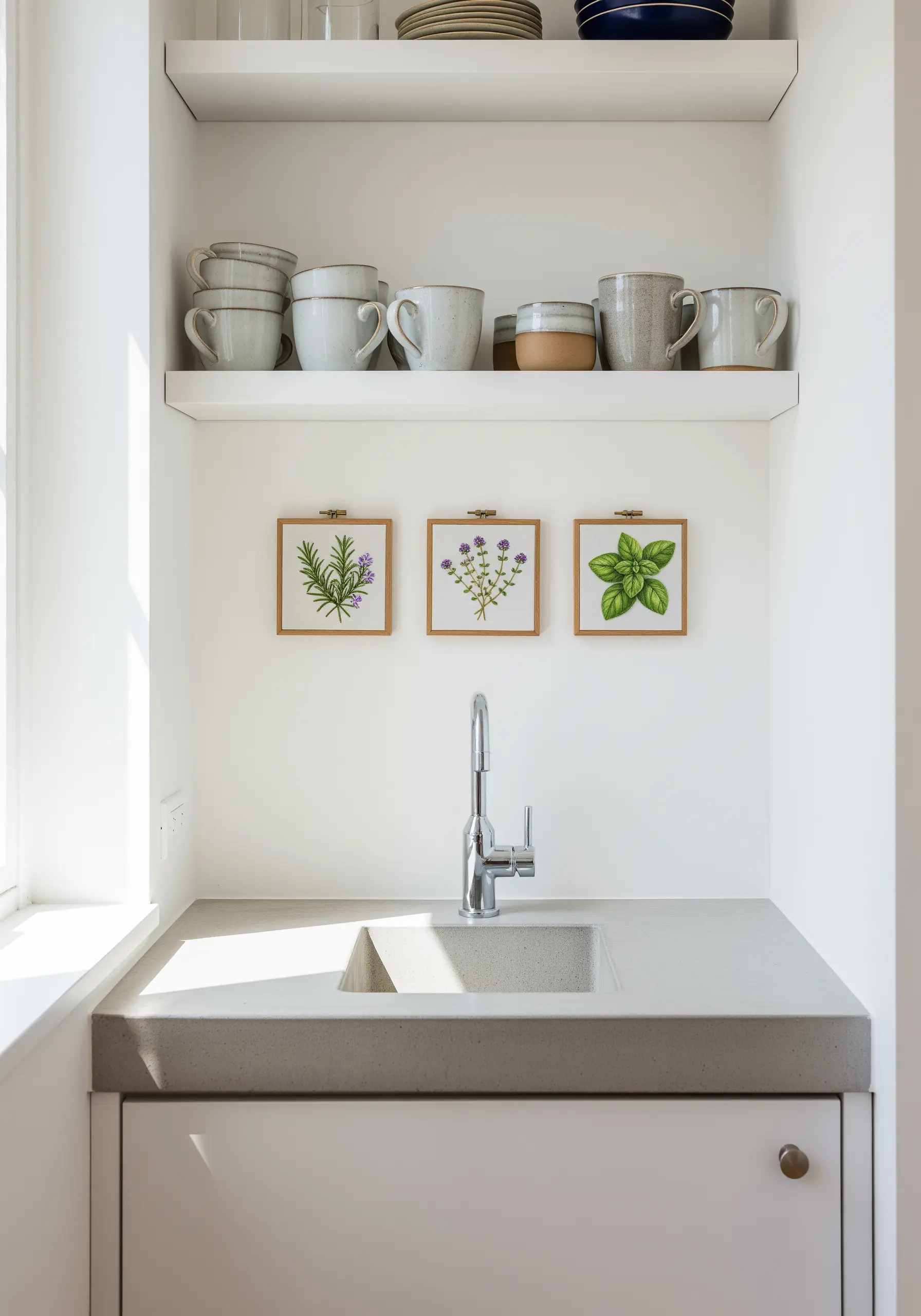 Three square-framed embroideries of herbs—rosemary, thyme, basil—hanging above a kitchen sink.