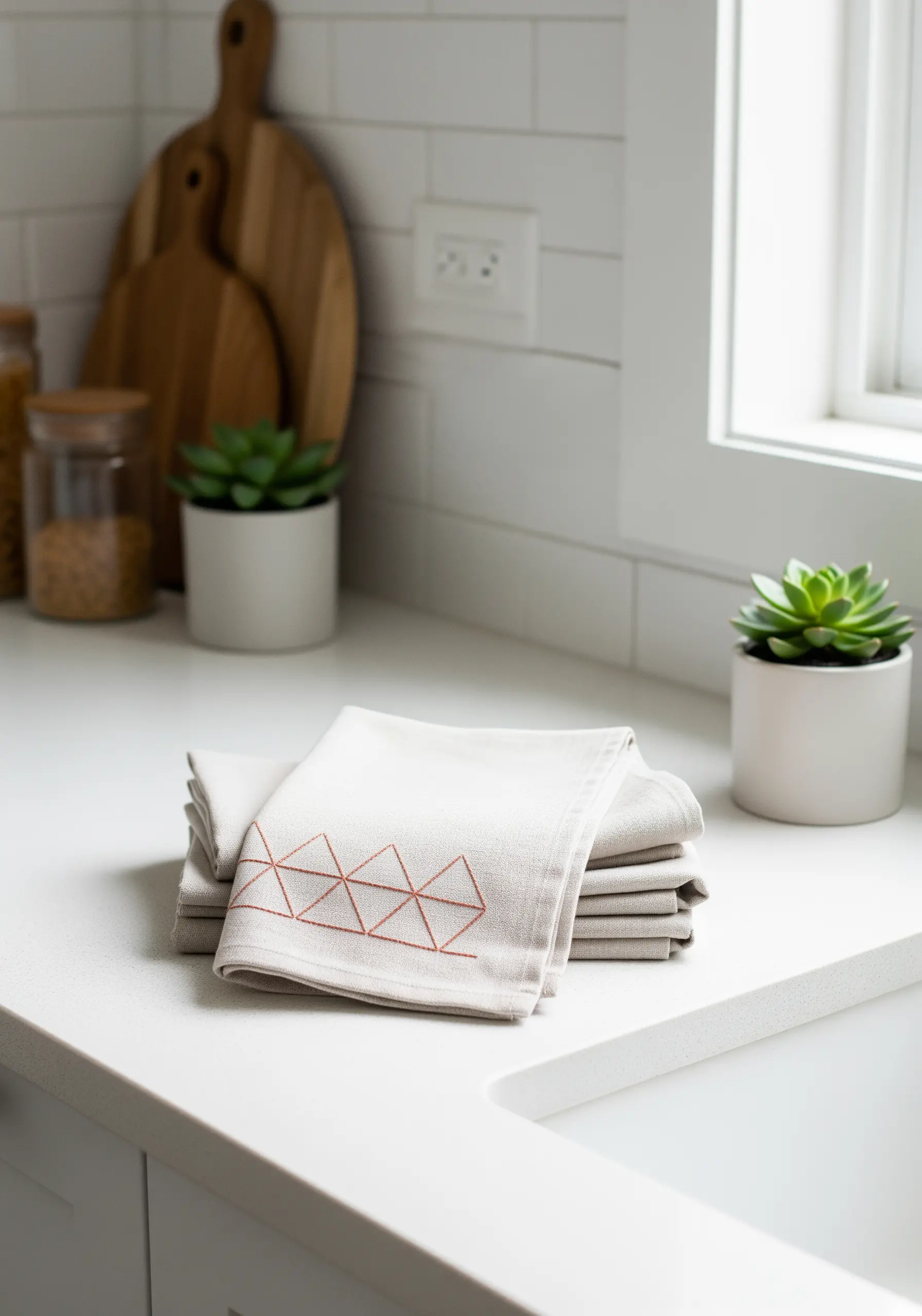 Close-up of a geometric running stitch pattern on a stack of folded linen napkins.