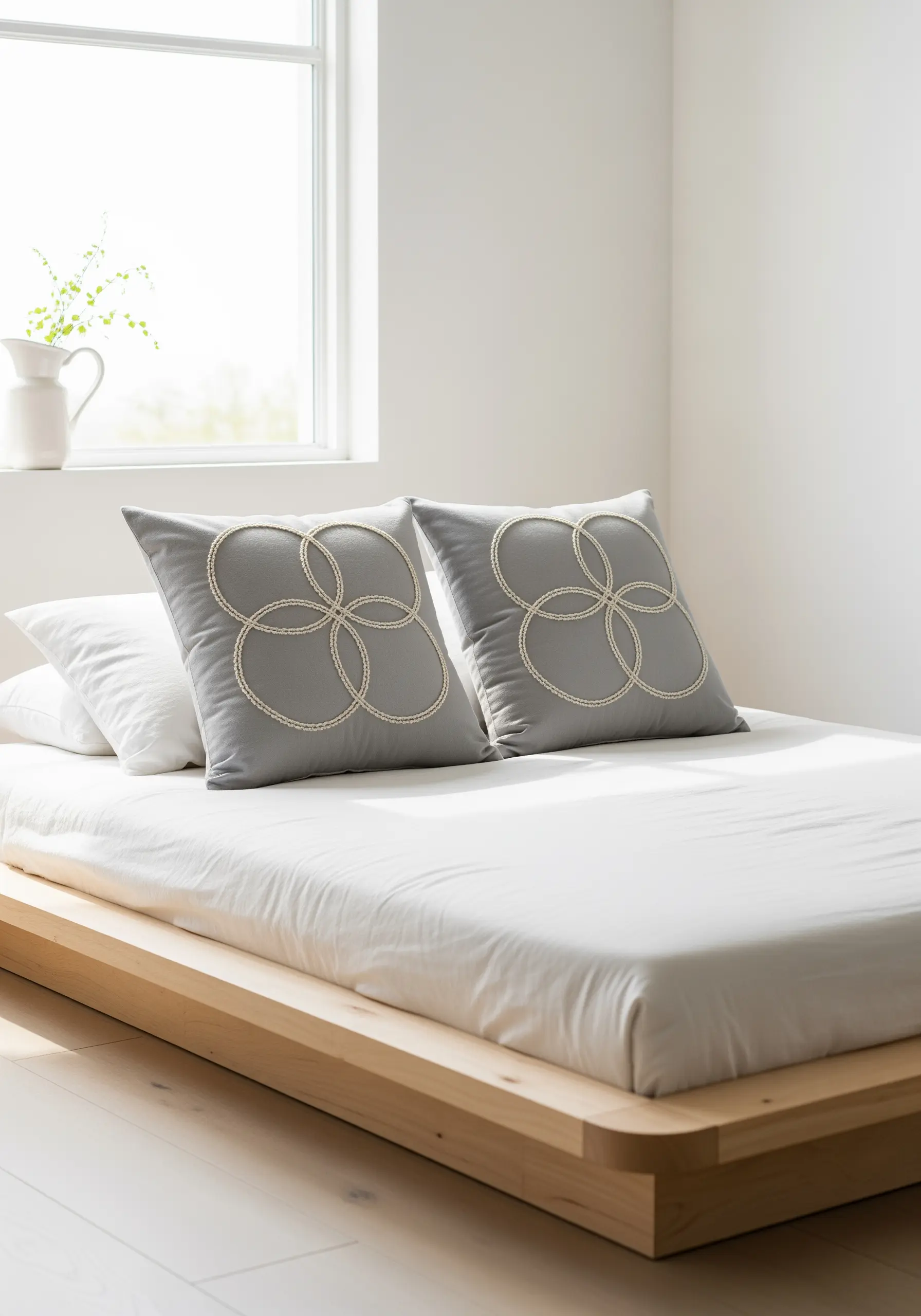 Two grey pillows with a raised, interlocking geometric knot design stitched in off-white cord.