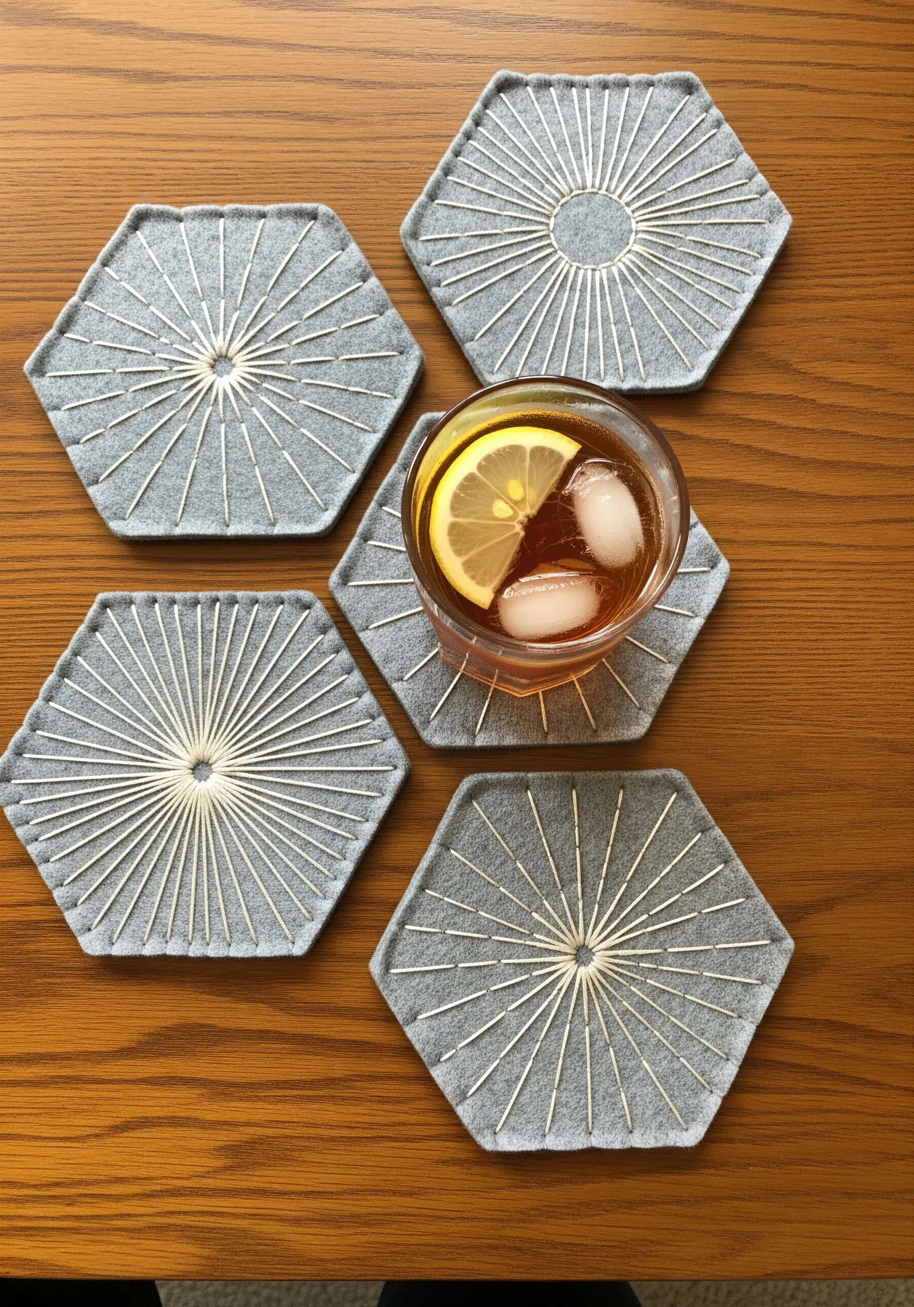 A set of five hexagonal grey felt coasters with a white radiating stitch pattern.
