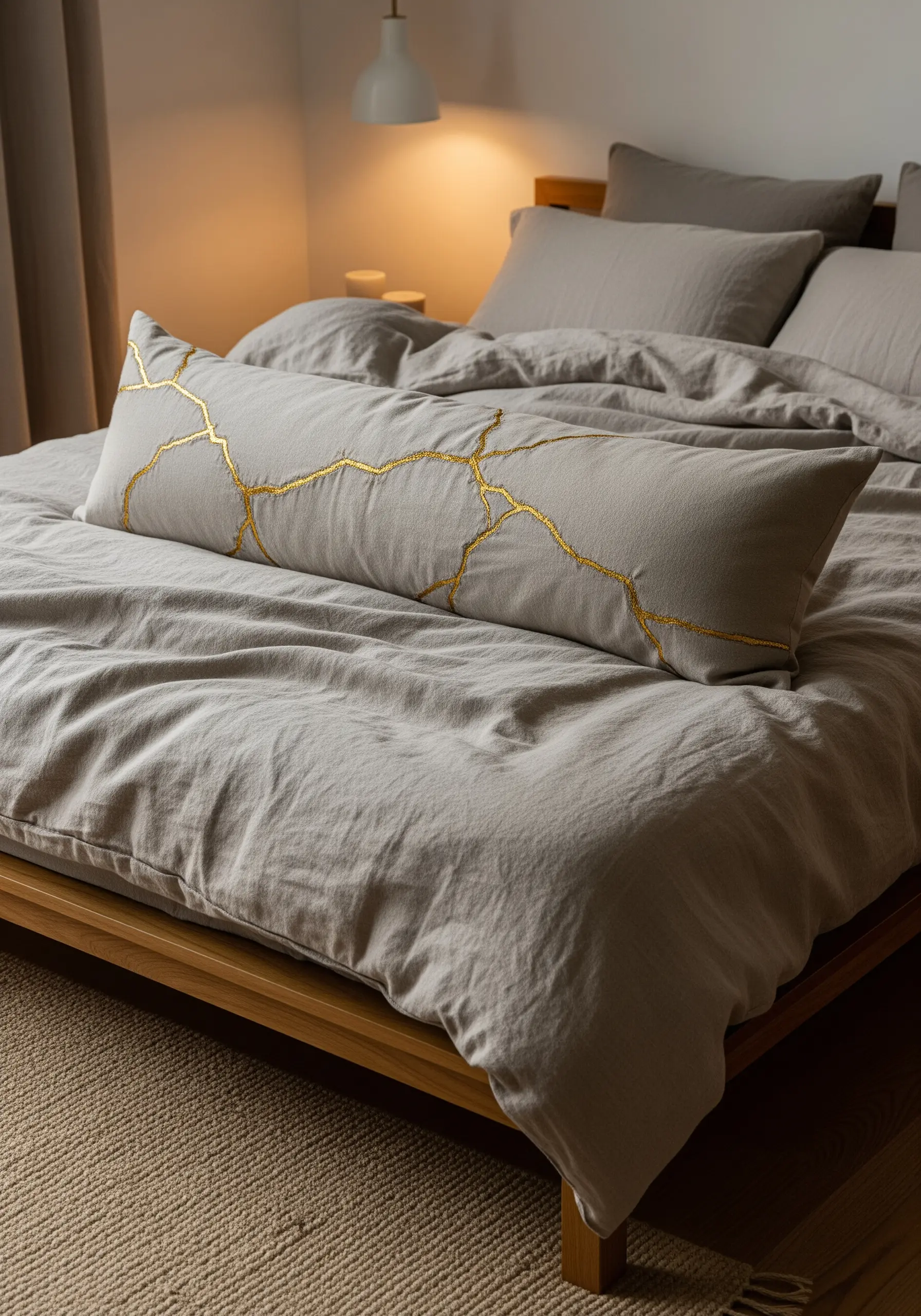 A long gray linen pillow with embroidered gold metallic lines mimicking Kintsugi cracks.