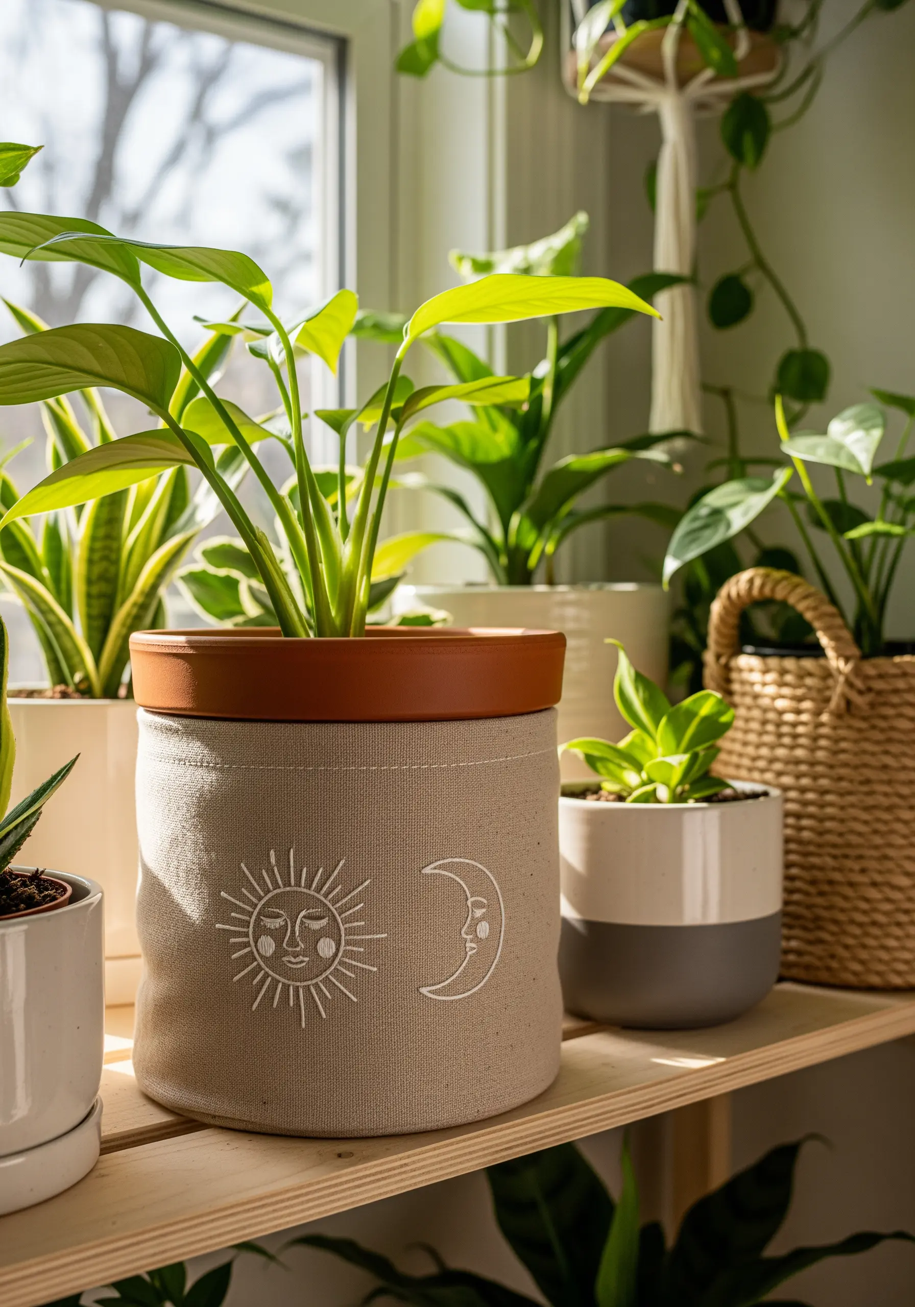 A canvas plant pot cover embroidered with a minimalist sun and moon in white thread.