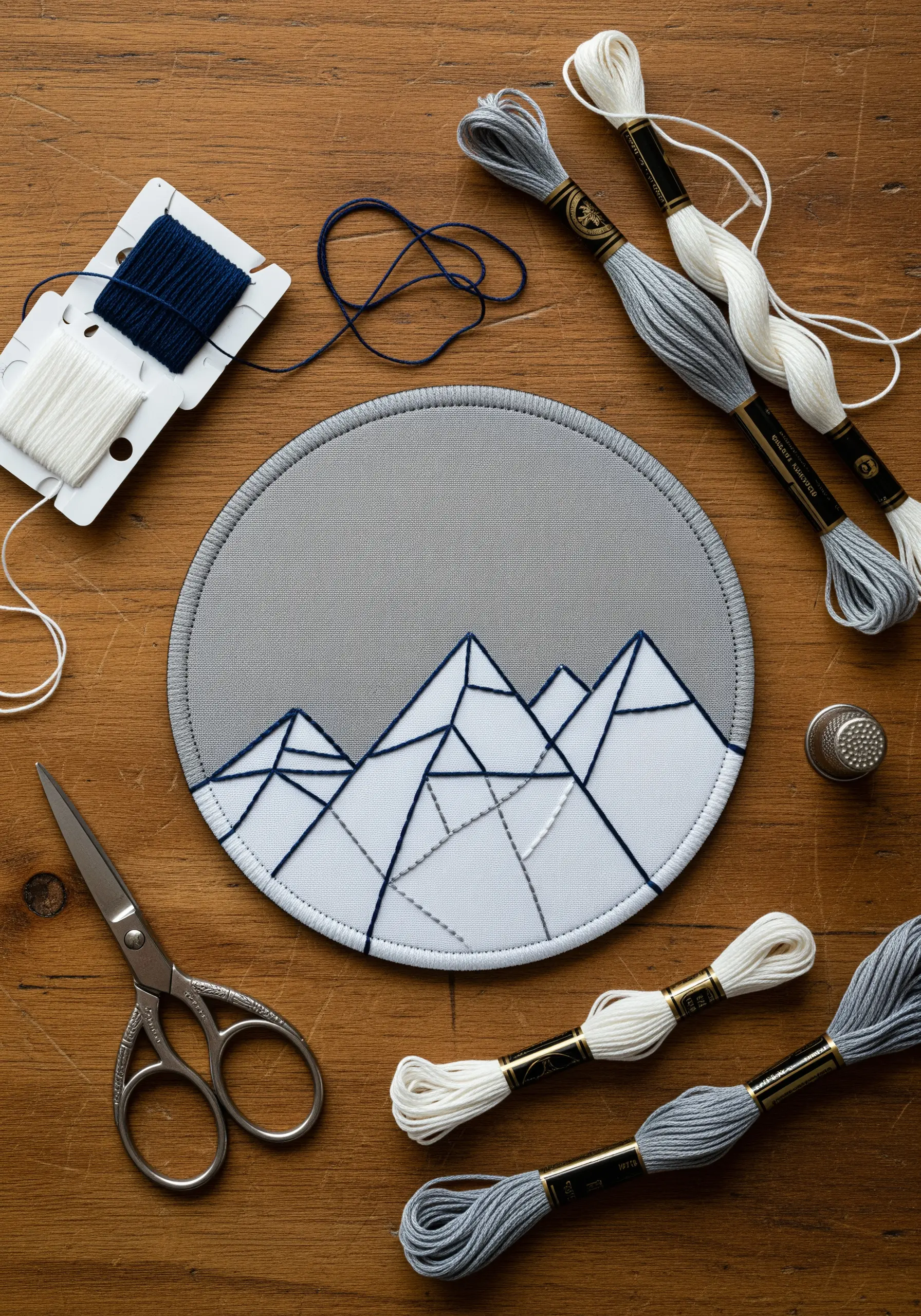 A round grey mousepad with a geometric mountain range embroidered in navy, white, and light grey thread.