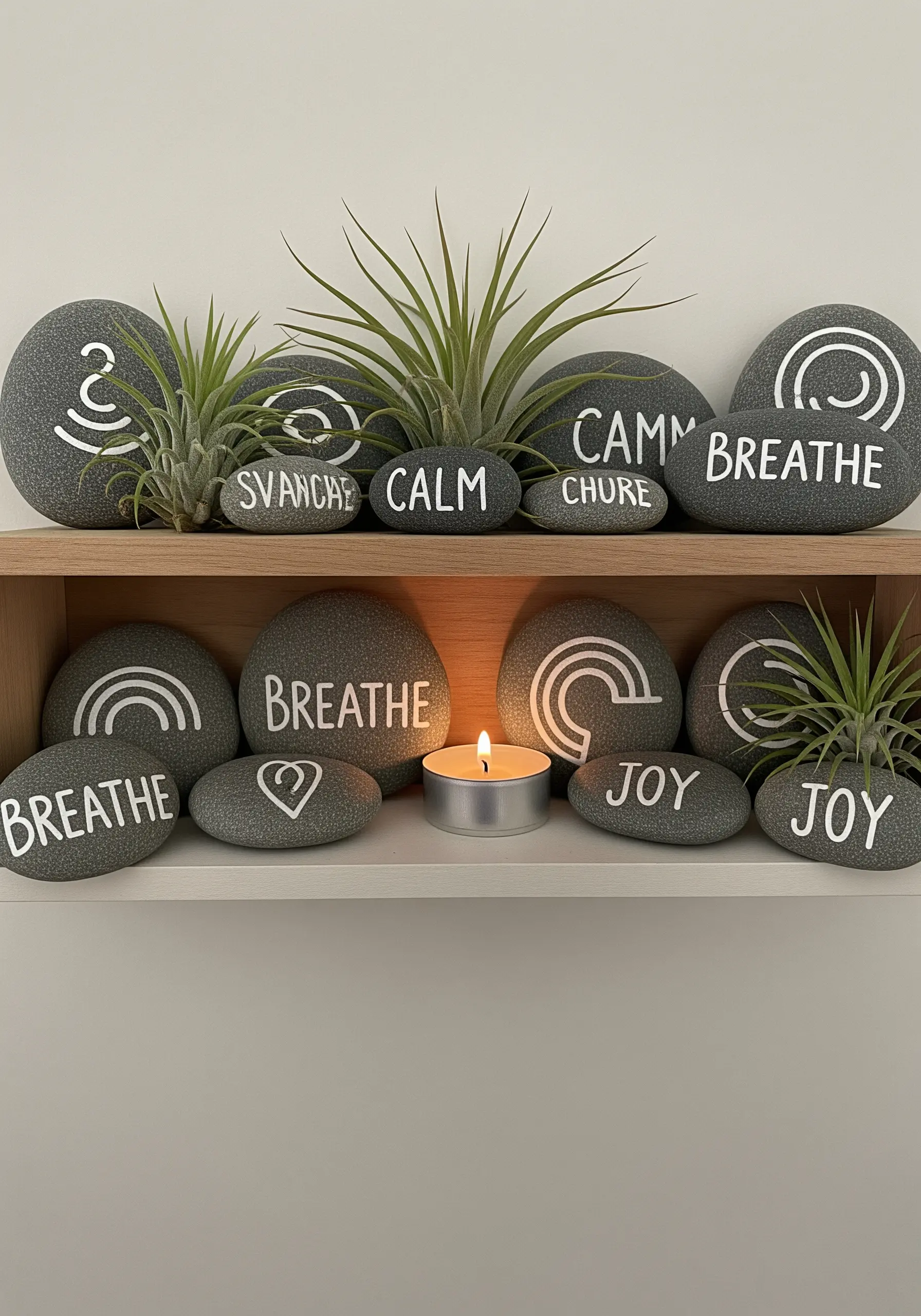 A collection of smooth grey stones painted with words like 'Breathe,' 'Calm,' and 'Joy'.