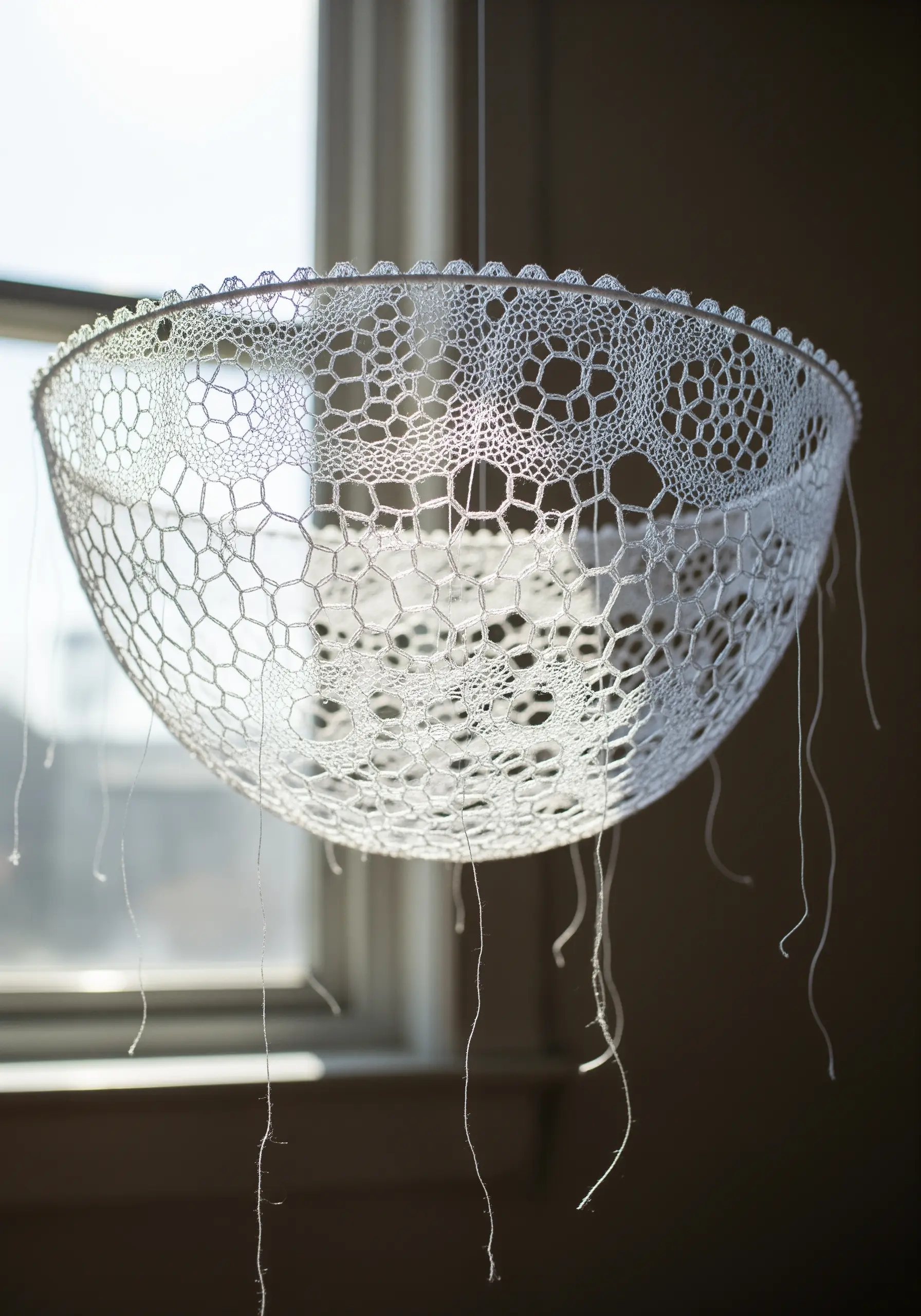 A delicate, bowl-shaped lace structure made entirely of white thread.