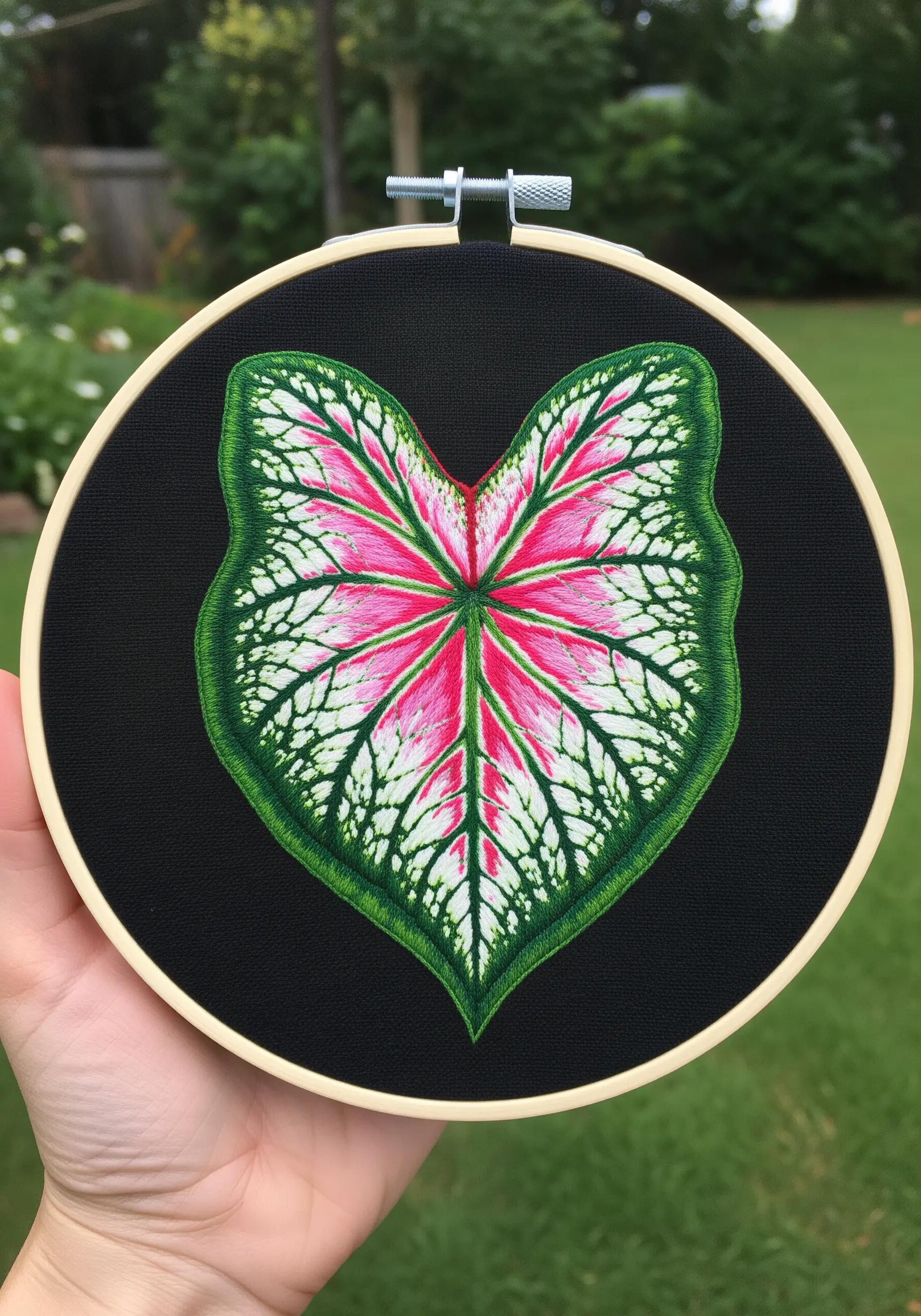 A vibrant caladium leaf with pink, white, and green patterns on black fabric.