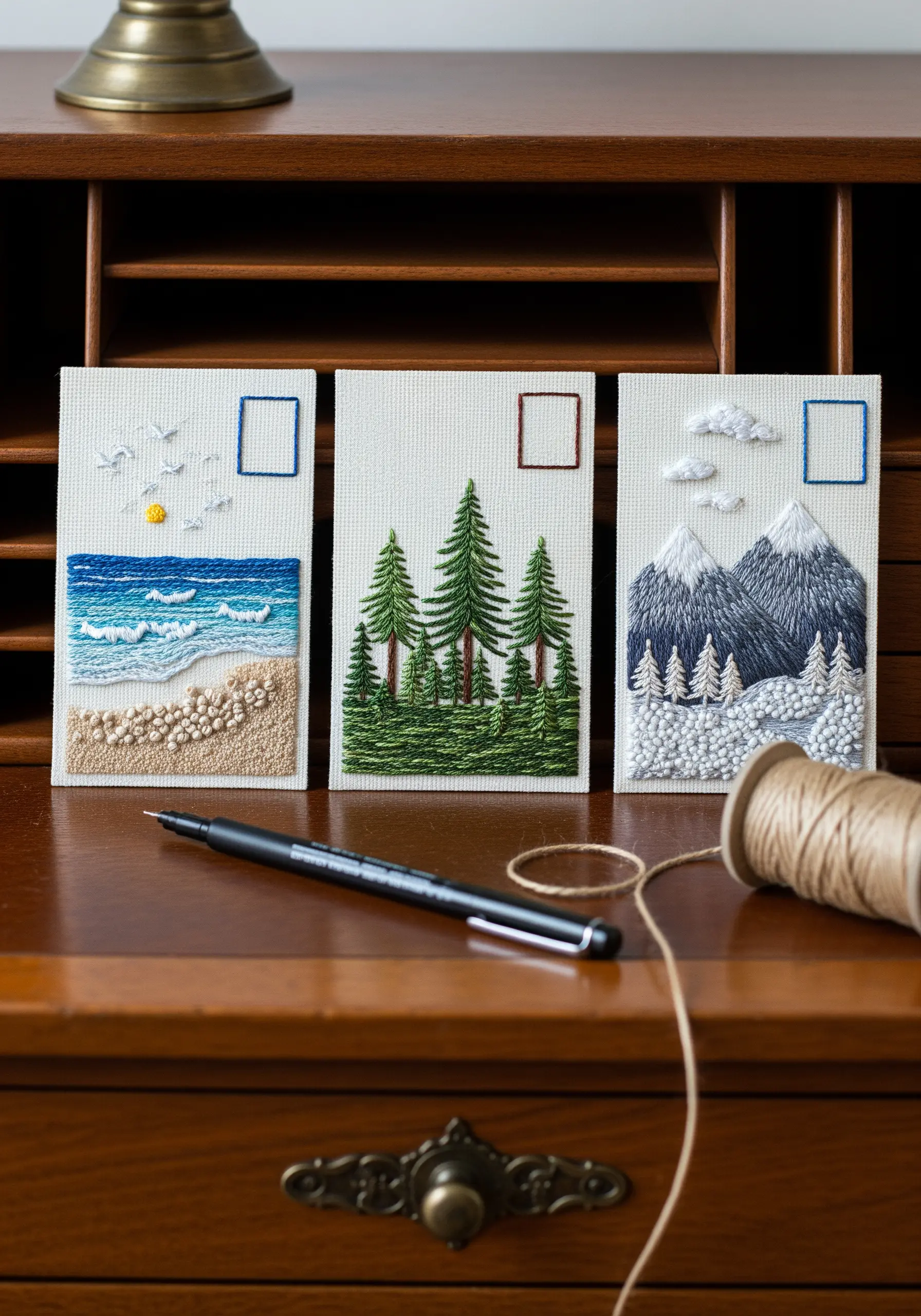 Three small embroidered postcards depicting a beach, a forest, and a mountain scene.