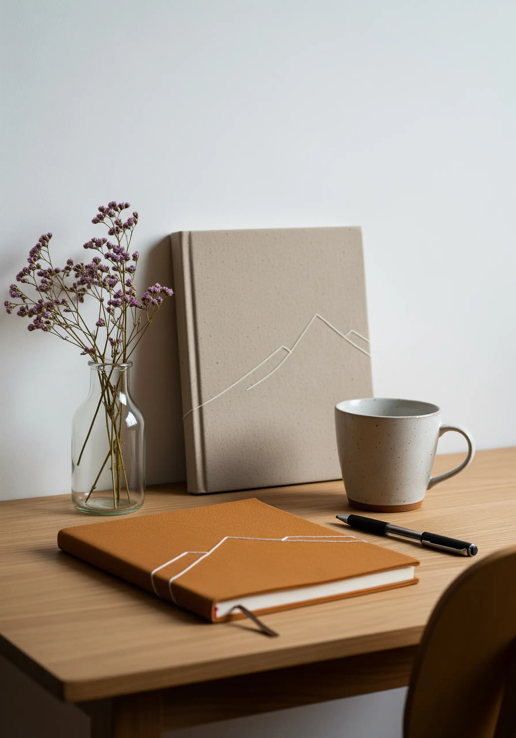 Notebook covers with minimalist mountain outlines stitched directly onto the surface.