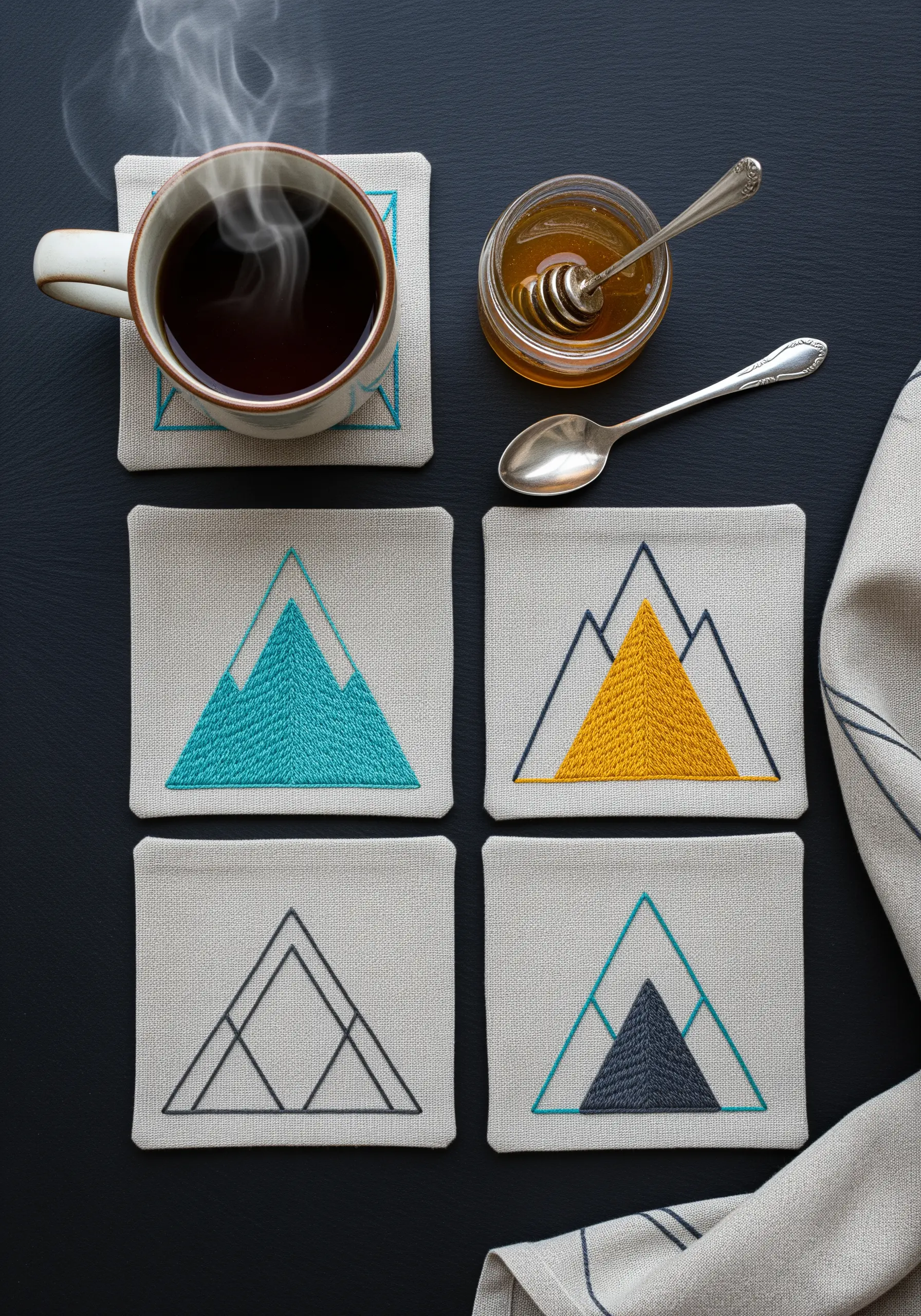 A set of four square linen coasters with embroidered geometric mountain designs in teal and gold.