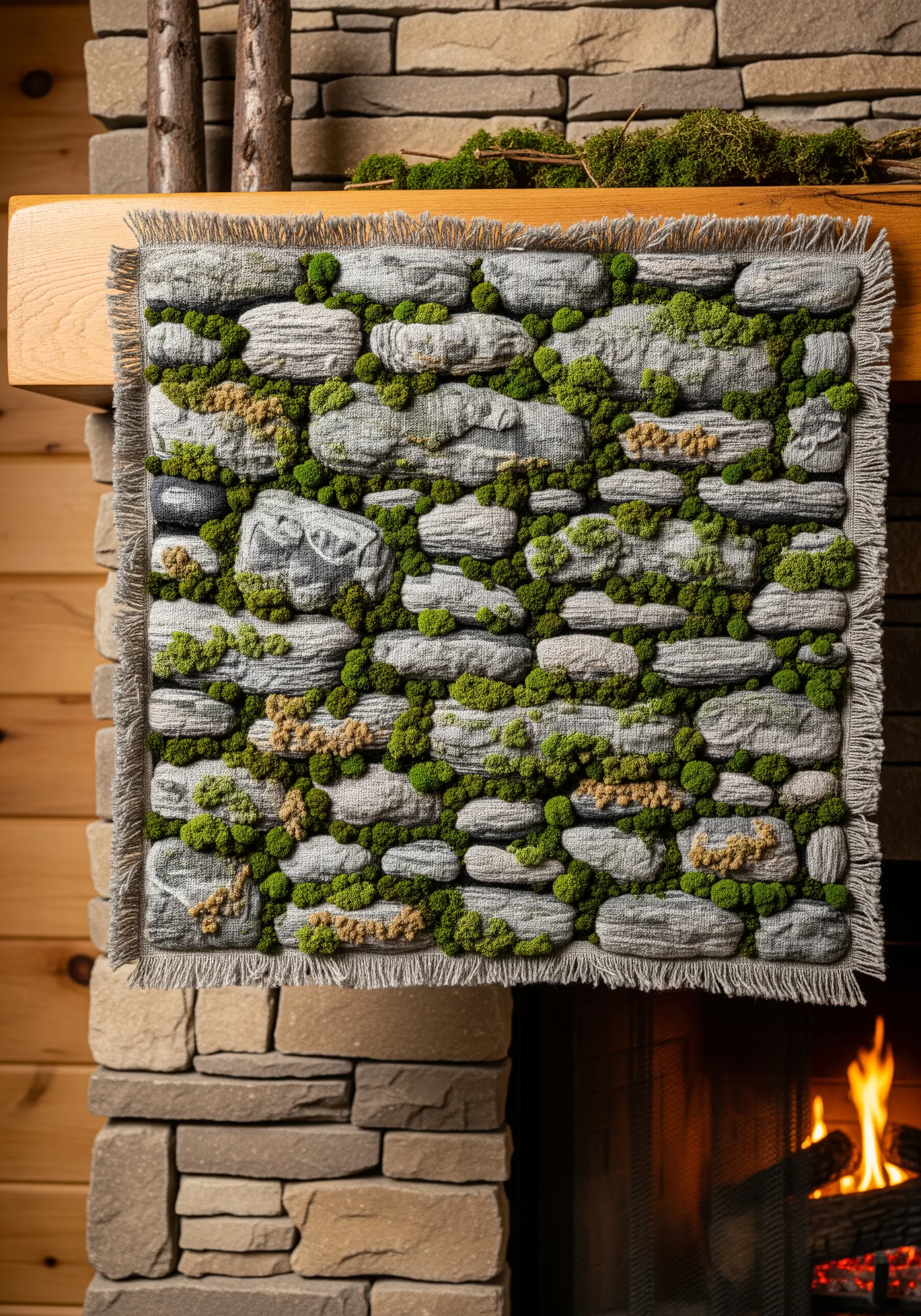 A square textile piece with embroidered grey stones and green moss, finished with a frayed edge.