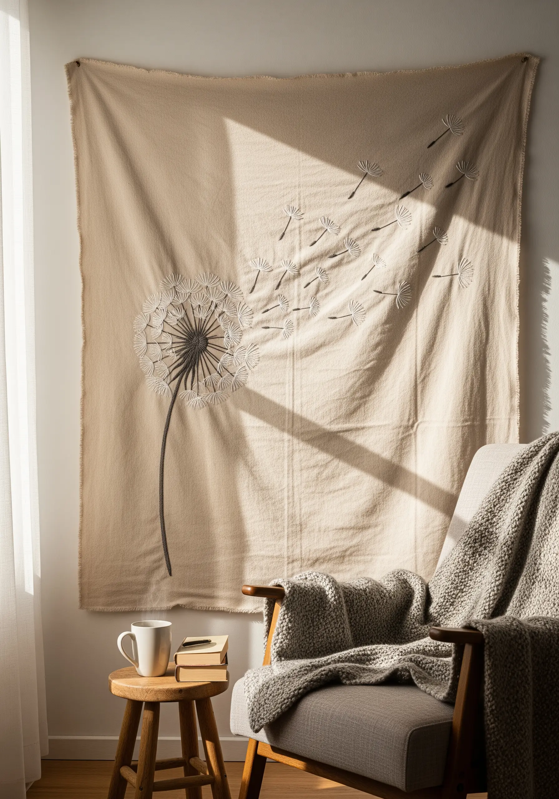 Large unhemmed tapestry with an embroidered dandelion blowing its seeds across the fabric.