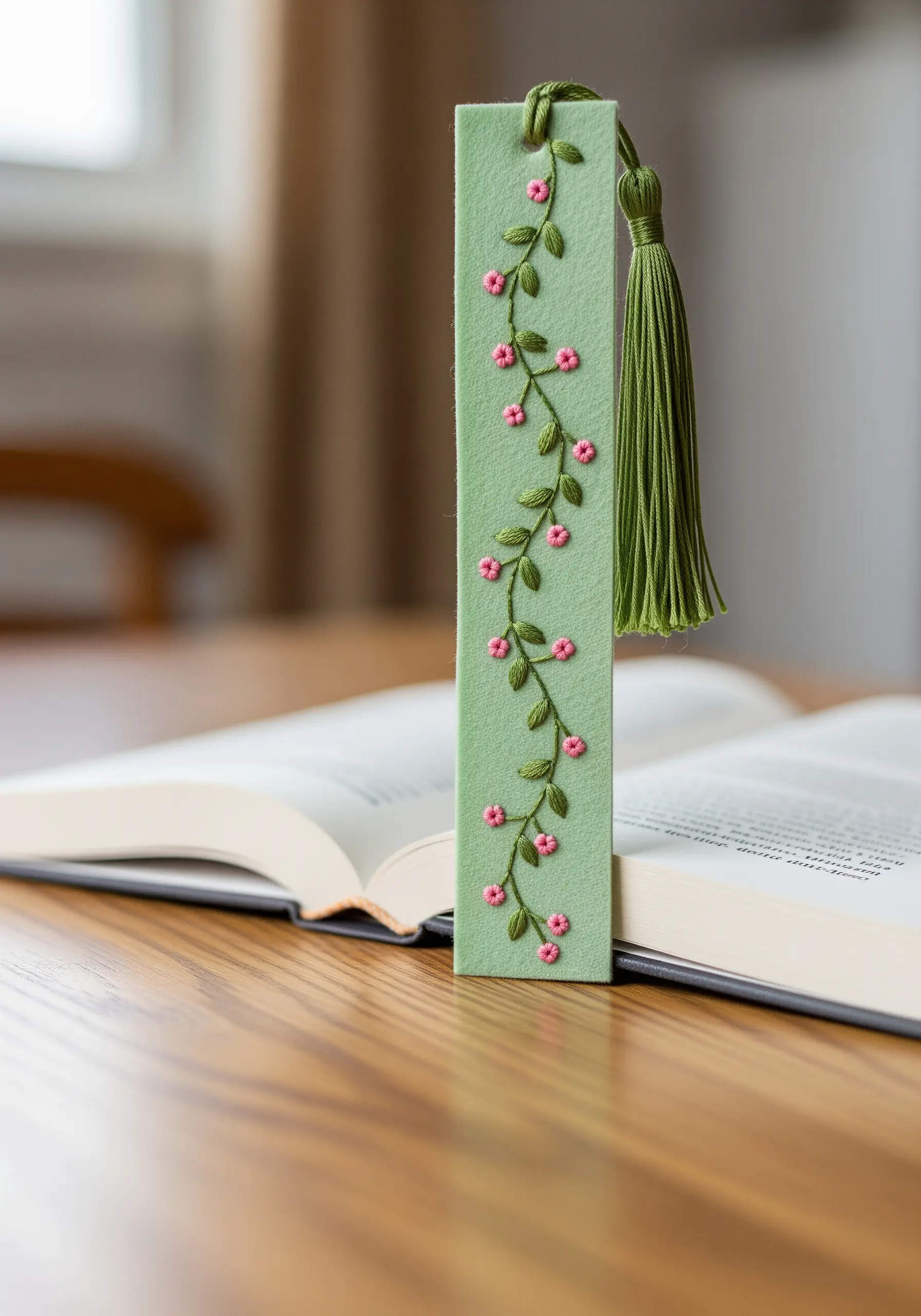 A green felt bookmark embroidered with a delicate vine of pink flowers and green leaves.