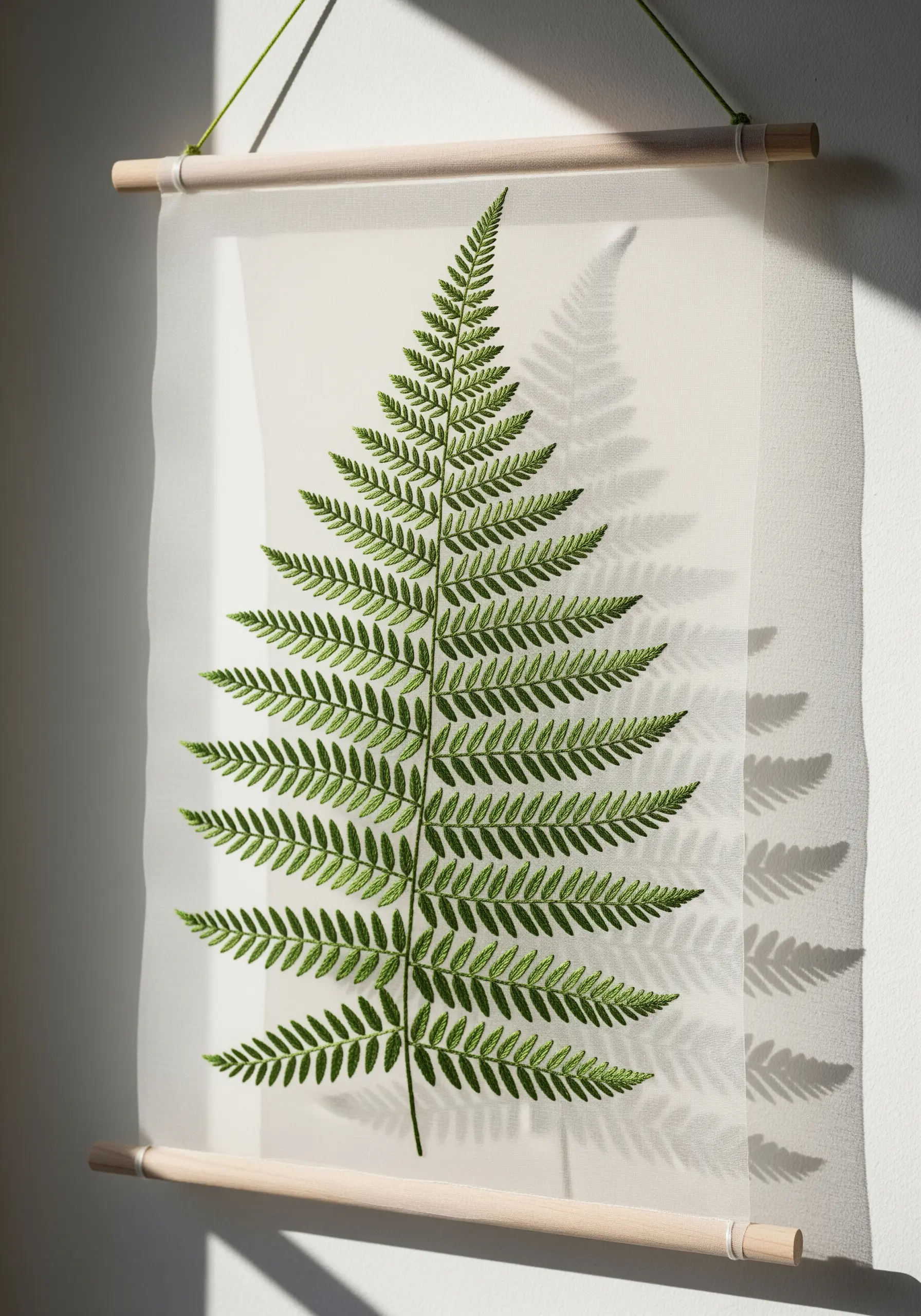 A single green fern frond embroidered on sheer white fabric, casting a soft shadow.