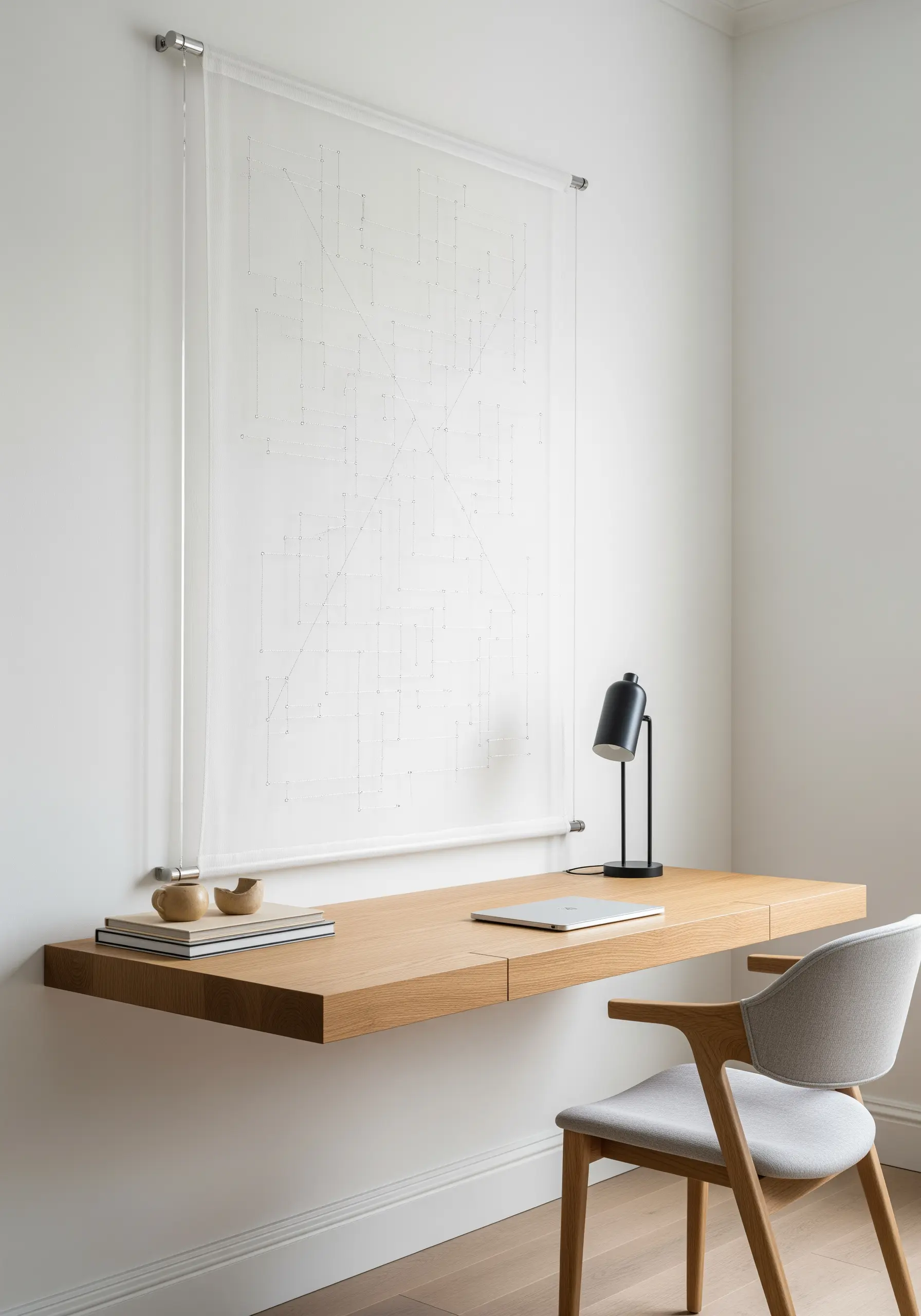 A minimalist geometric line design stitched in black thread on a transparent panel.