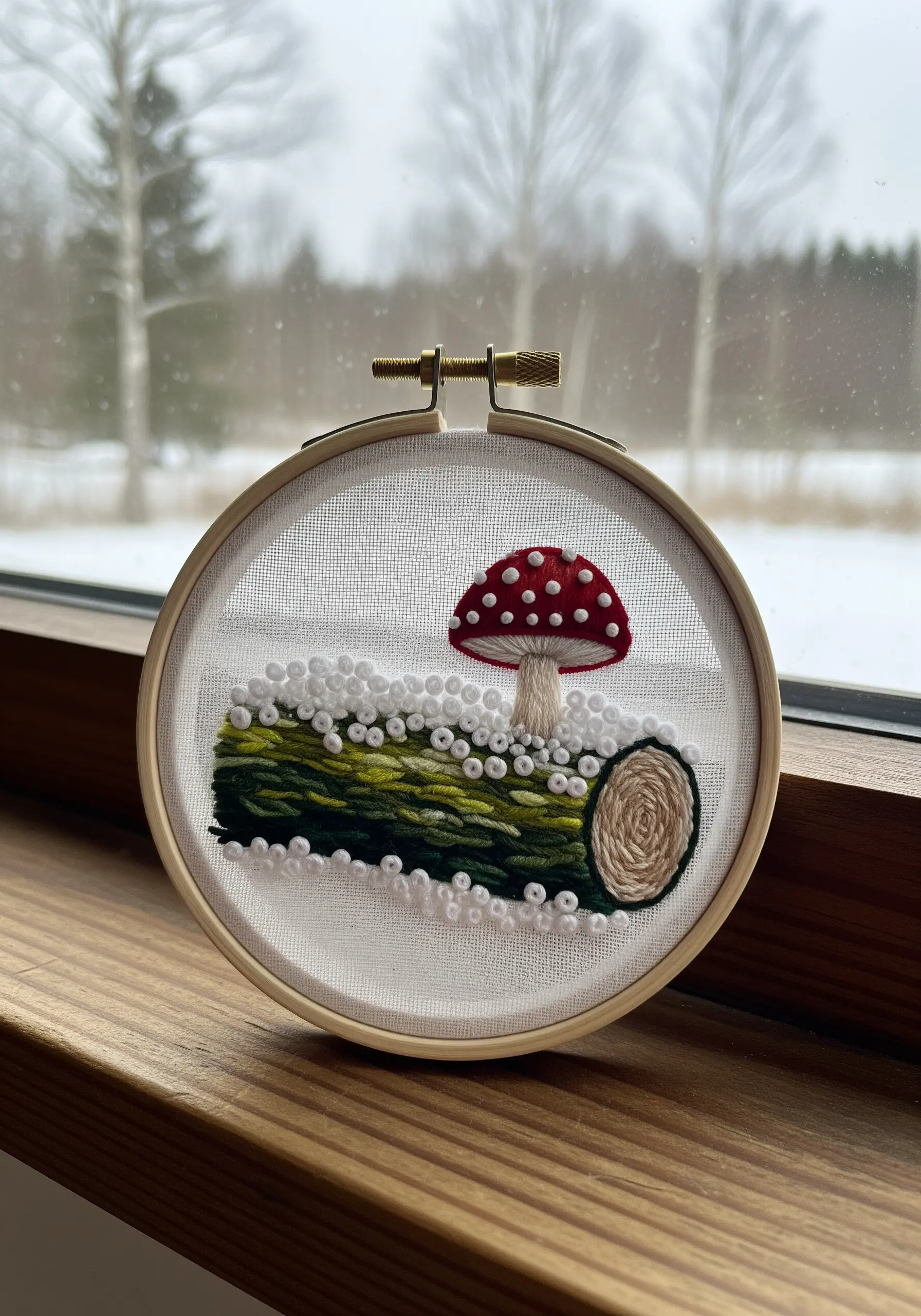 A single red mushroom on a mossy log, embroidered on sheer fabric to create a snowy scene.