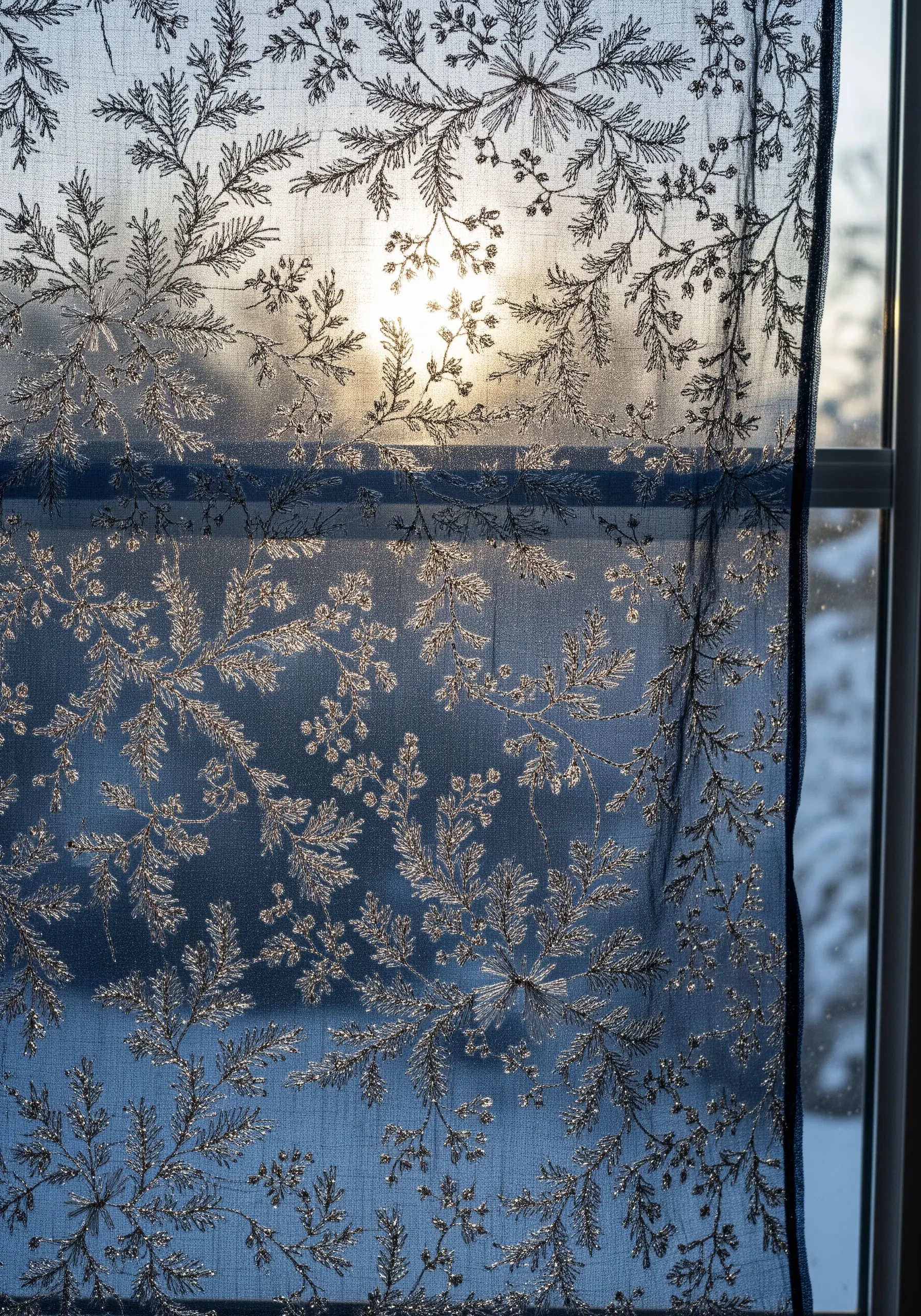 Delicate silver embroidery of frosty branches on a sheer blue curtain against a window.