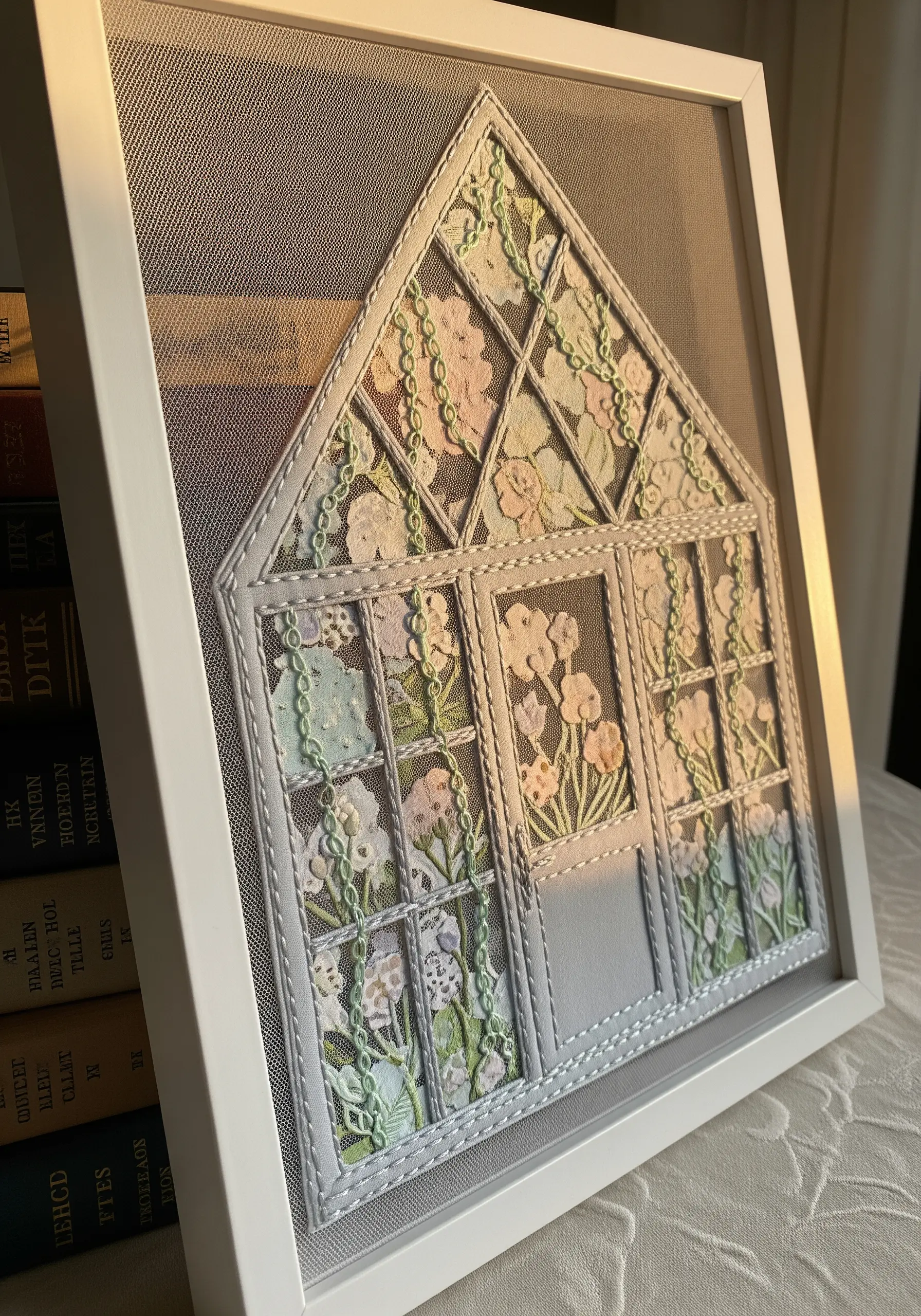 Framed embroidery of a floral greenhouse stitched on sheer mesh fabric.