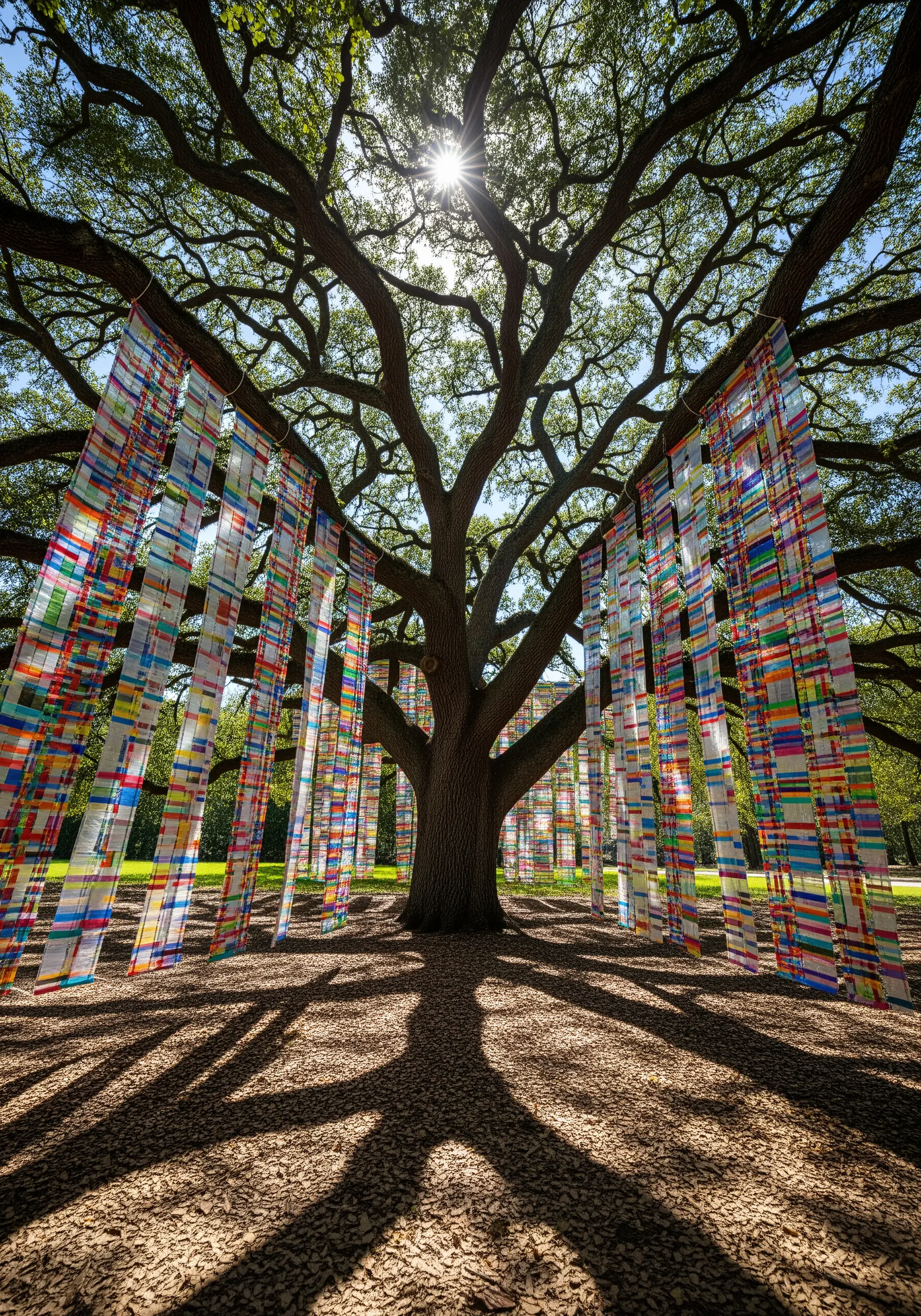 Colorful, translucent banners with striped patterns hanging from the branches of a large oak tree.