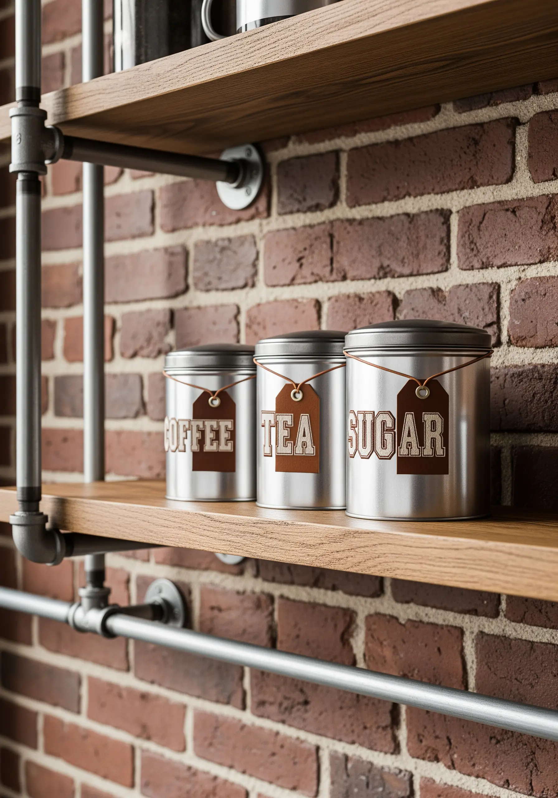 Hand-stitched lettering on leather tags for metal pantry canisters.