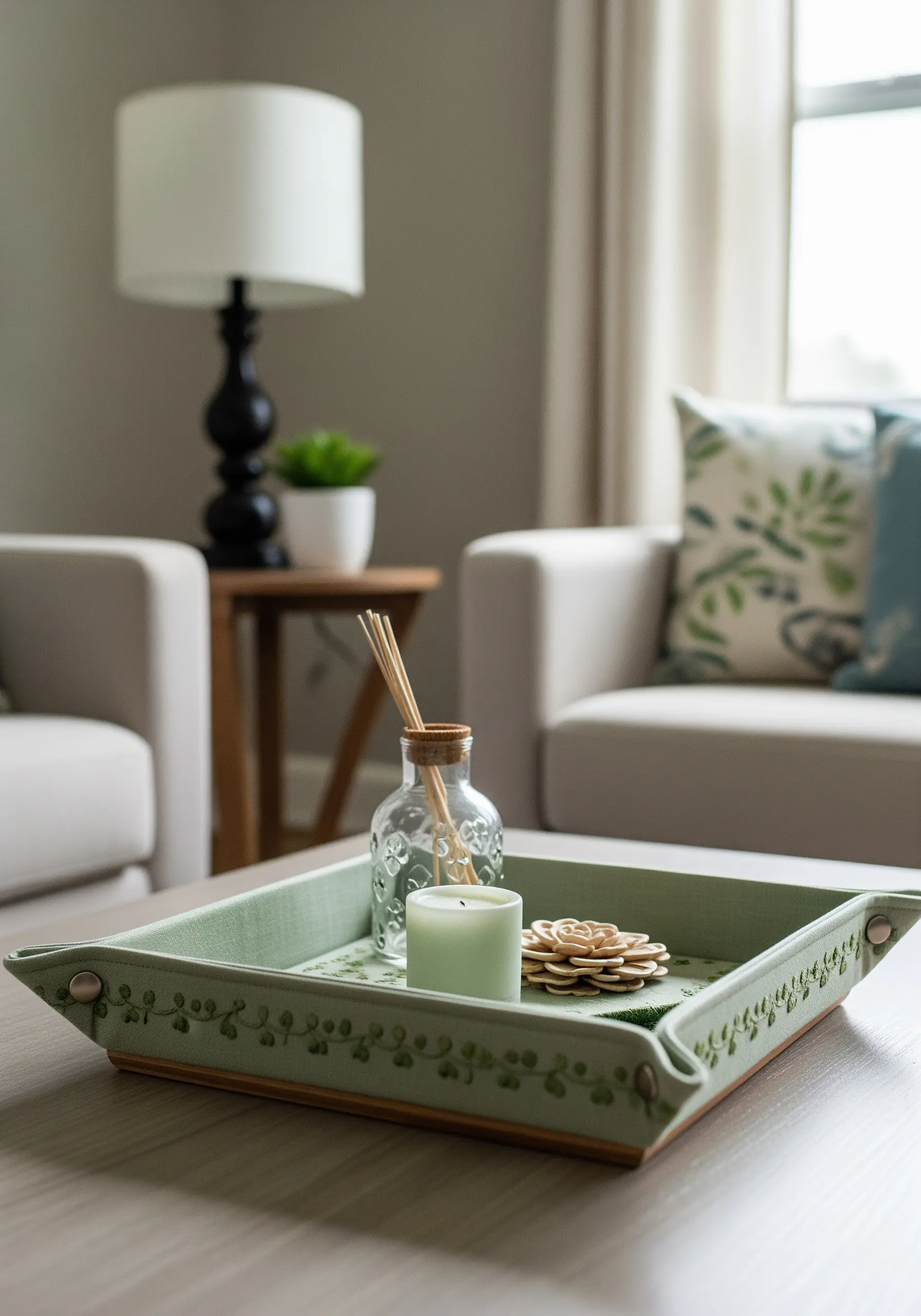 A sage green leather valet tray with a delicate, hand-stitched leaf border.