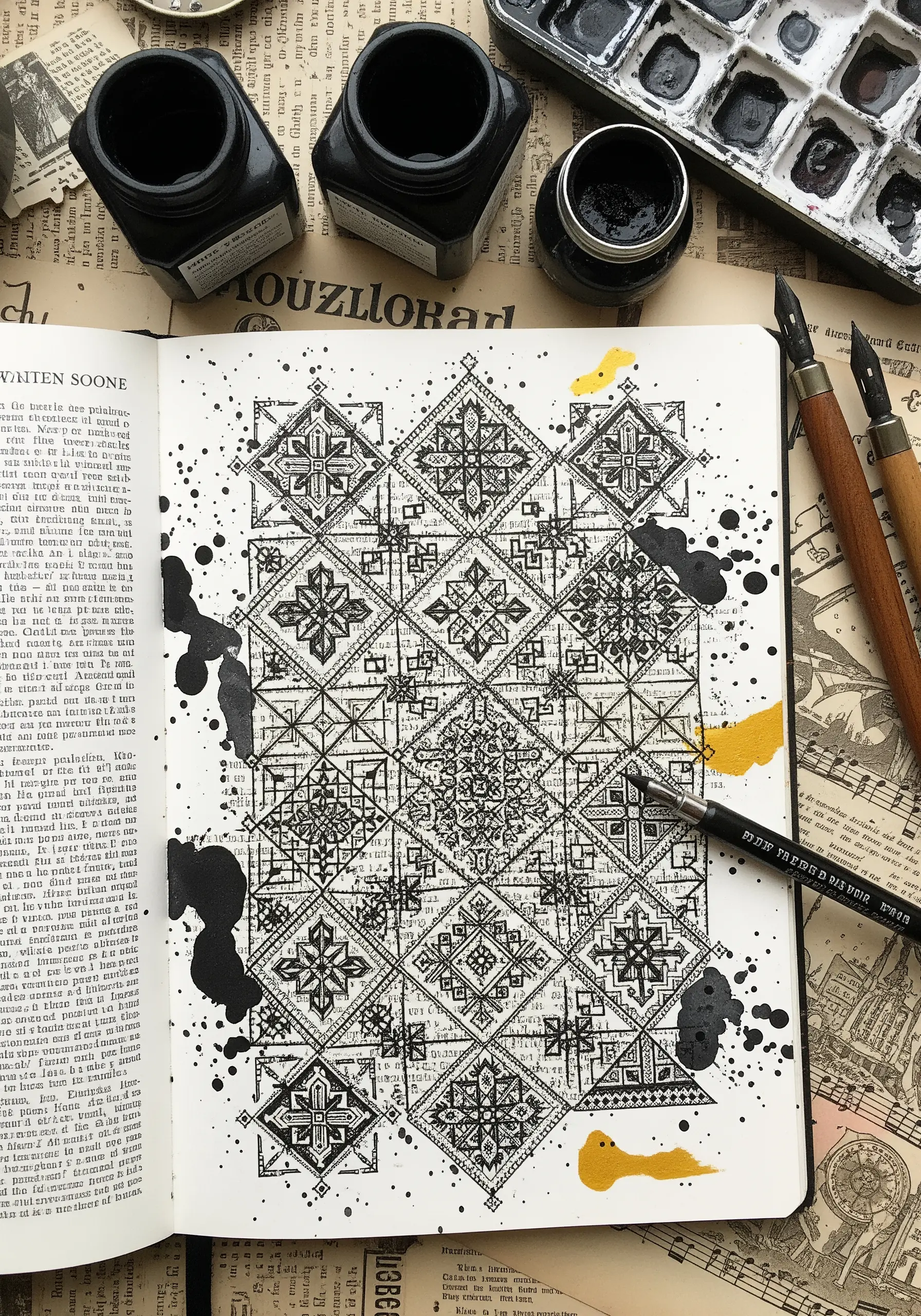 A complex geometric pattern drawn in black ink over the pages of an open book.