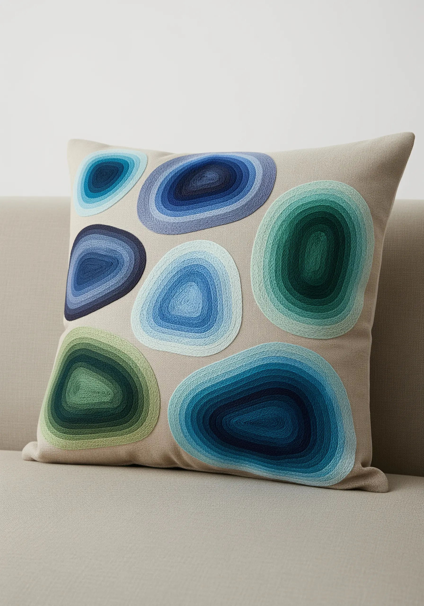 A neutral linen pillow with embroidered abstract shapes resembling agate slices.