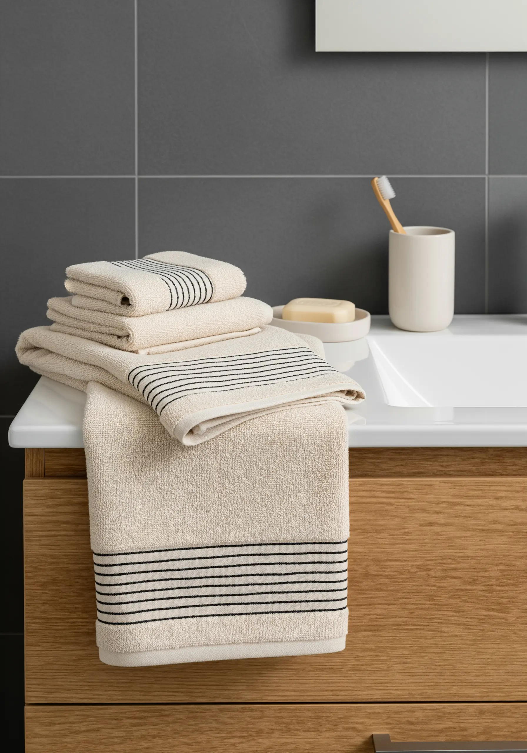 A stack of neutral-colored towels with clean, embroidered horizontal black stripes near the hem.