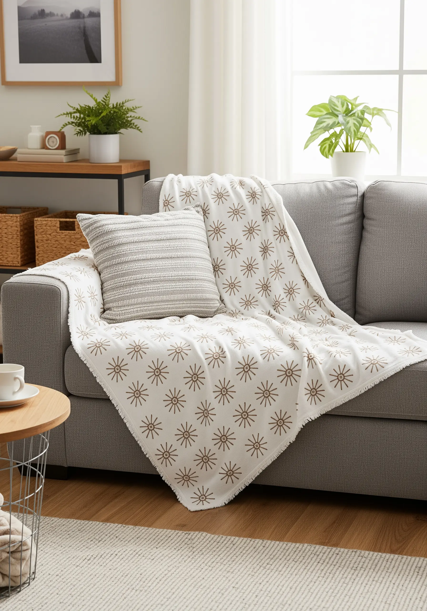A repeating pattern of taupe-colored starburst motifs on a white fringed blanket.