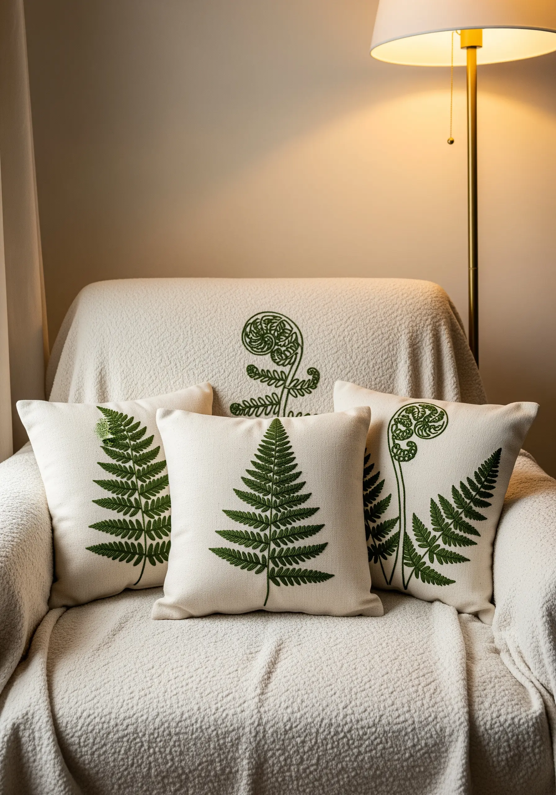 Three cream-colored pillows embroidered with detailed green fern leaves.