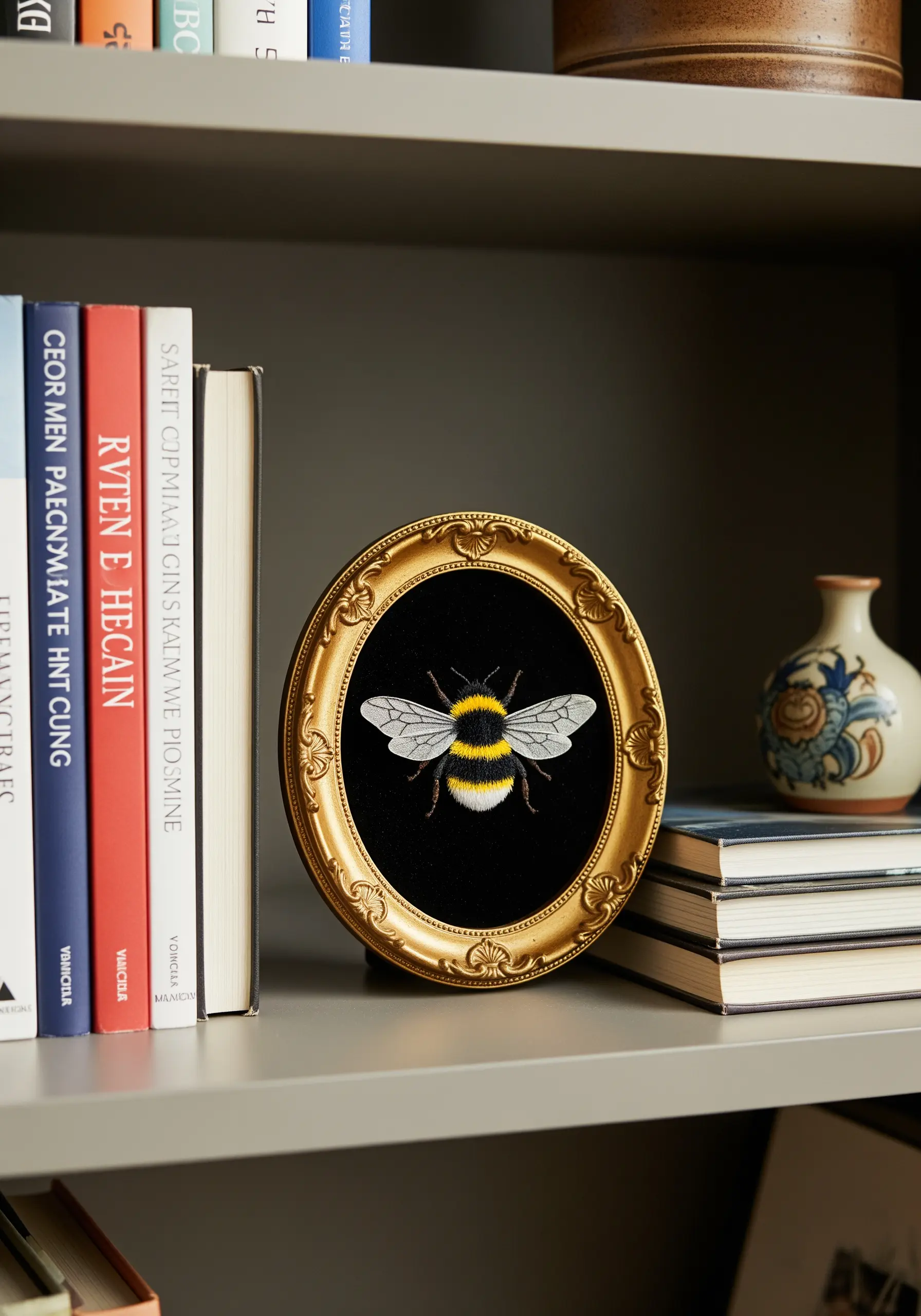 A detailed, realistic bee embroidered on black velvet, set in a small ornate gold frame.