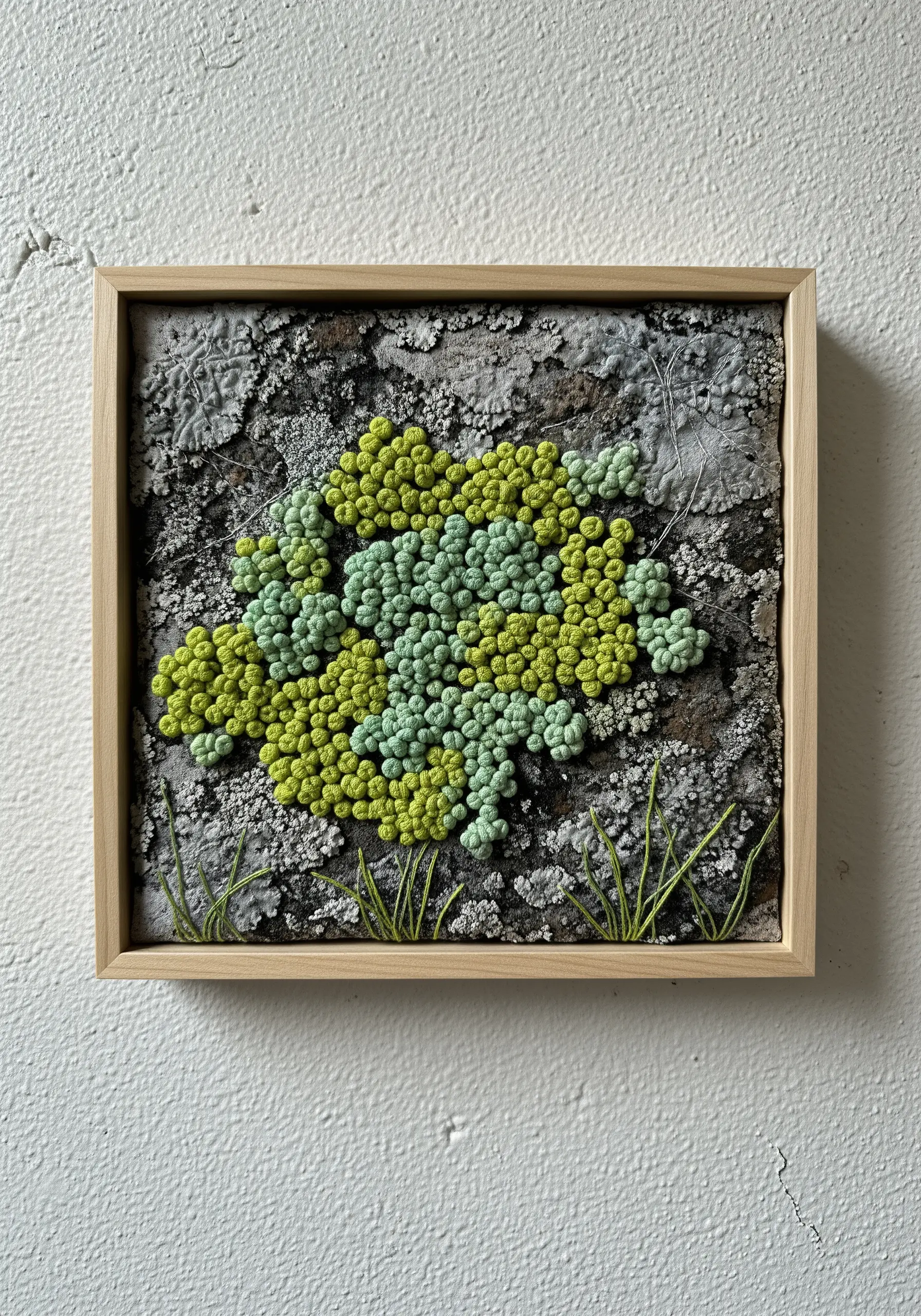 Framed embroidery of bright green lichen using dense French knots on a textured background.