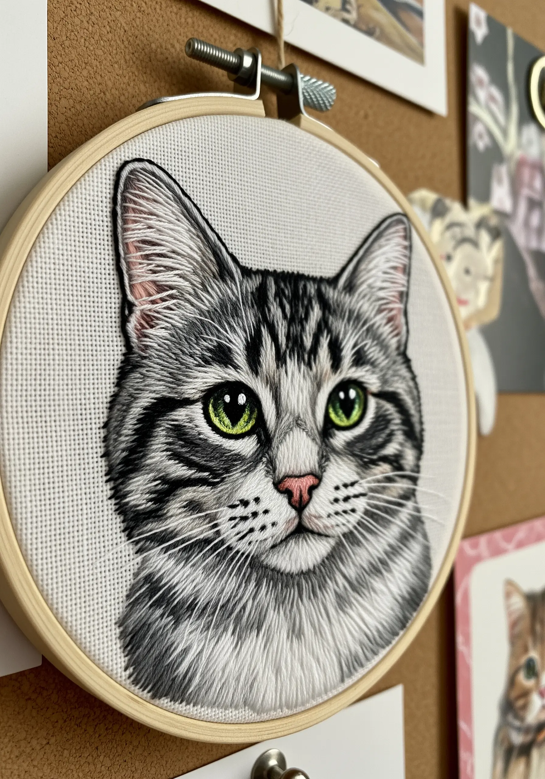 A realistic, thread-painted portrait of a tabby cat in grayscale with bright green eyes.
