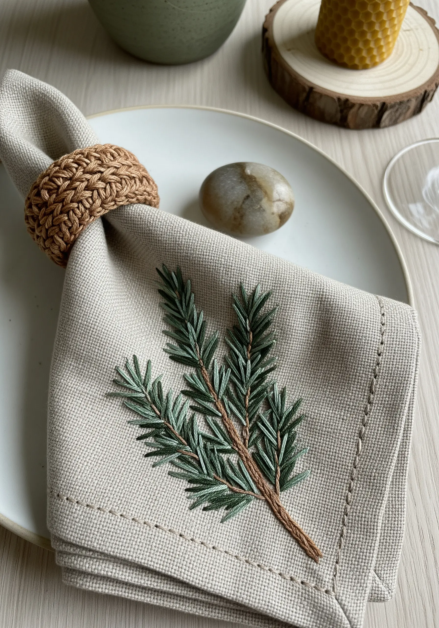 A sprig of rosemary embroidered on a neutral-colored linen napkin