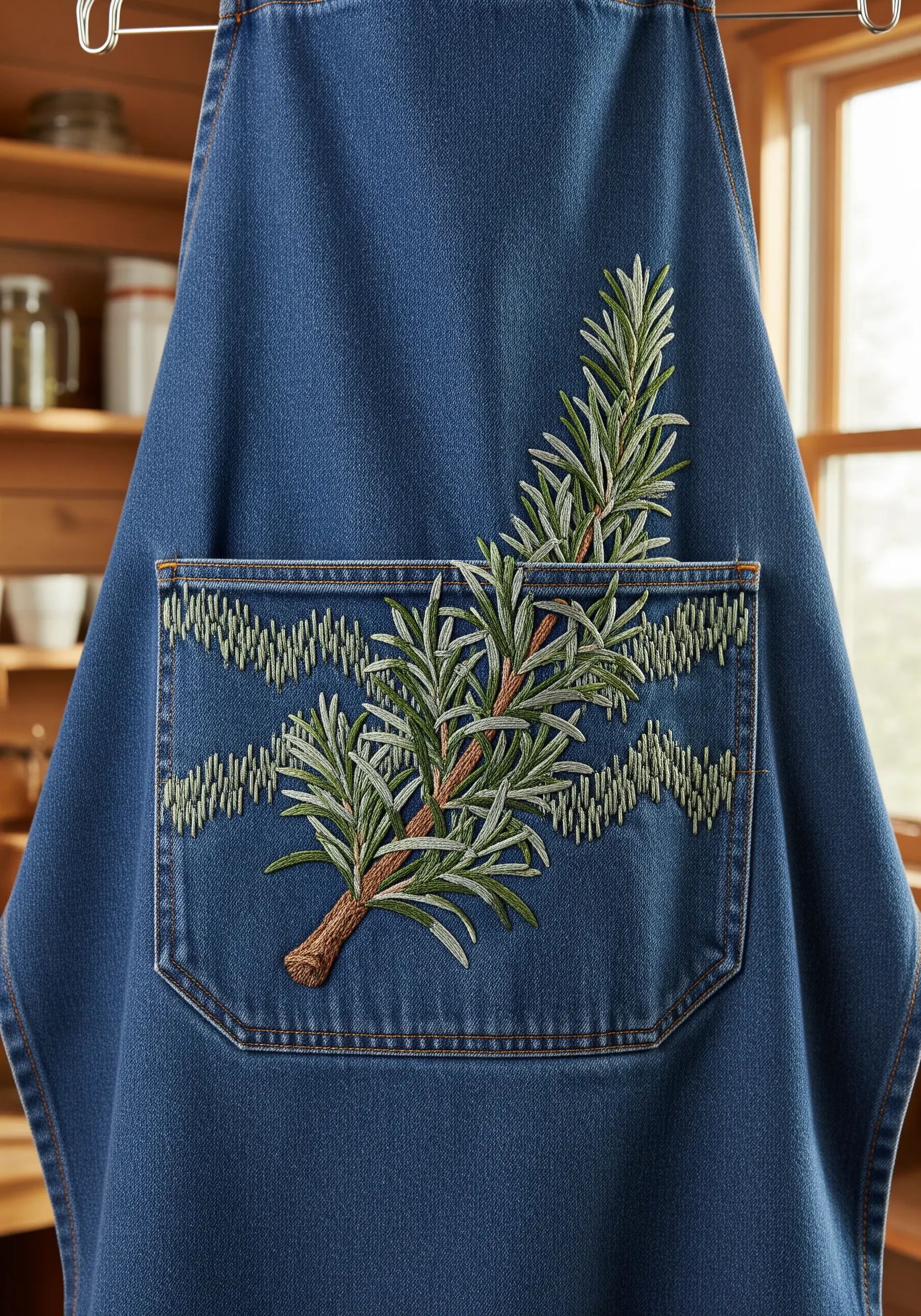 A realistic sprig of rosemary stitched on the pocket of a denim apron.