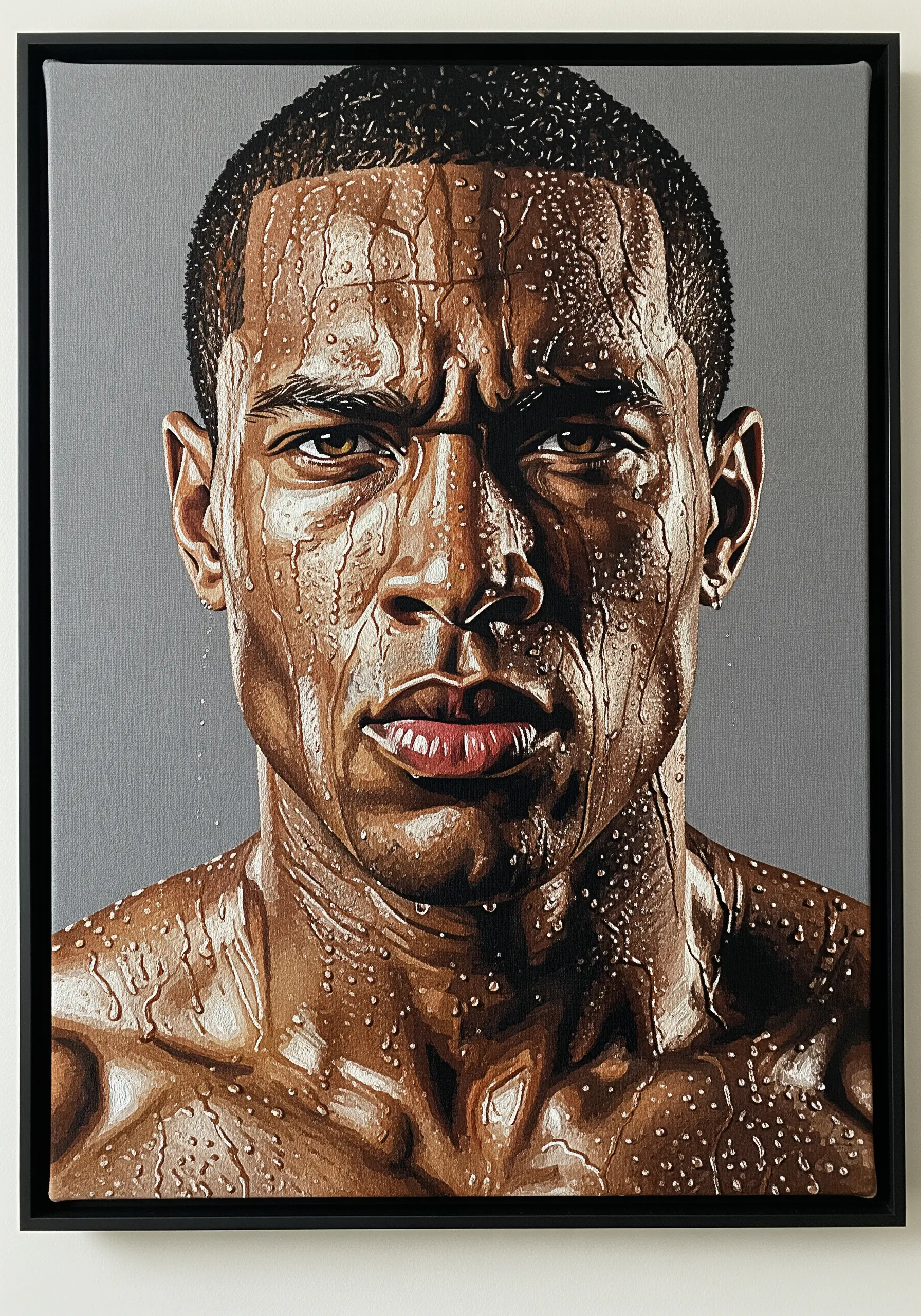 Hyper-realistic embroidered portrait of a man with glistening water droplets on his skin.