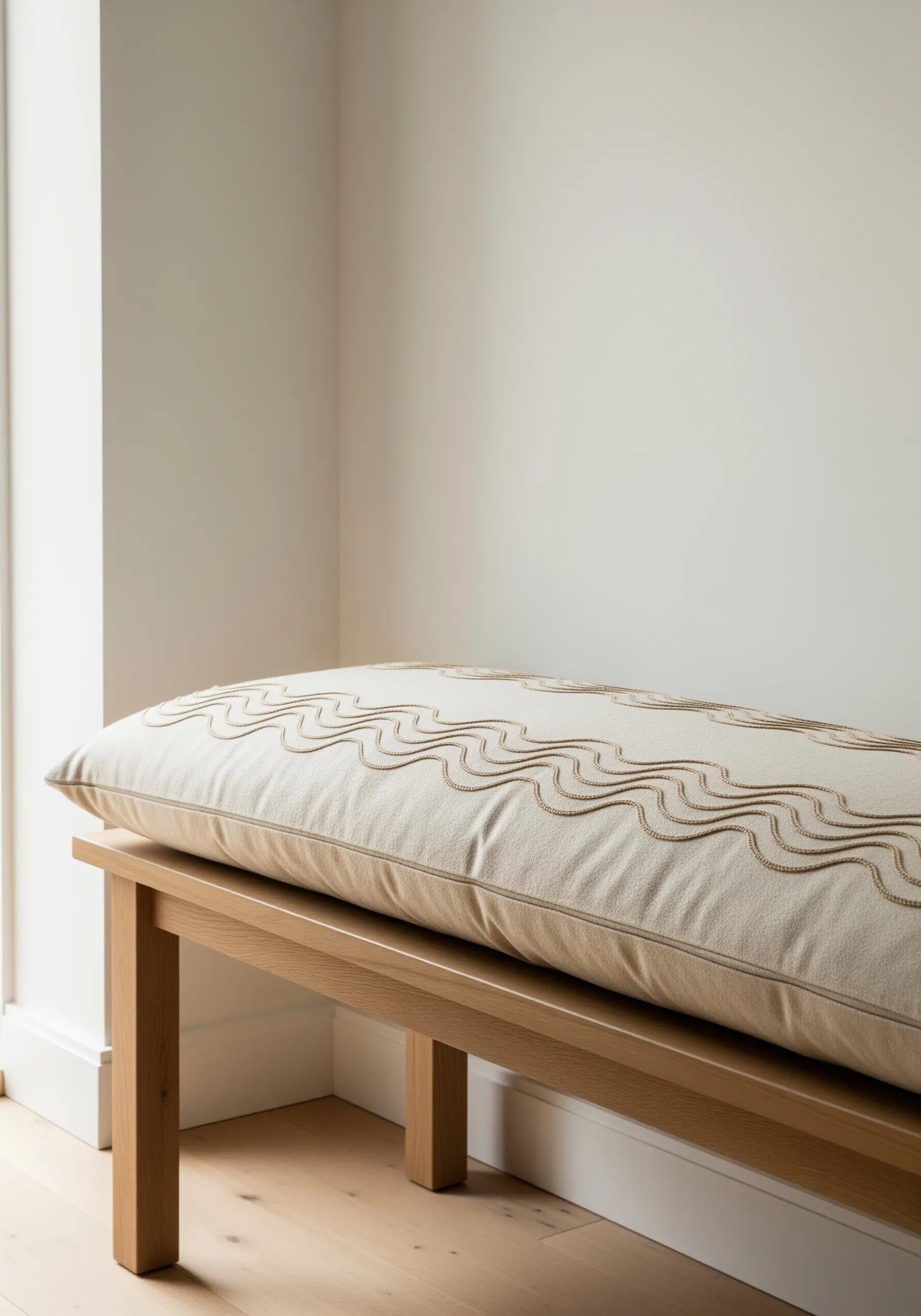 Undulating parallel waves in a golden-brown chain stitch on a long off-white cushion.