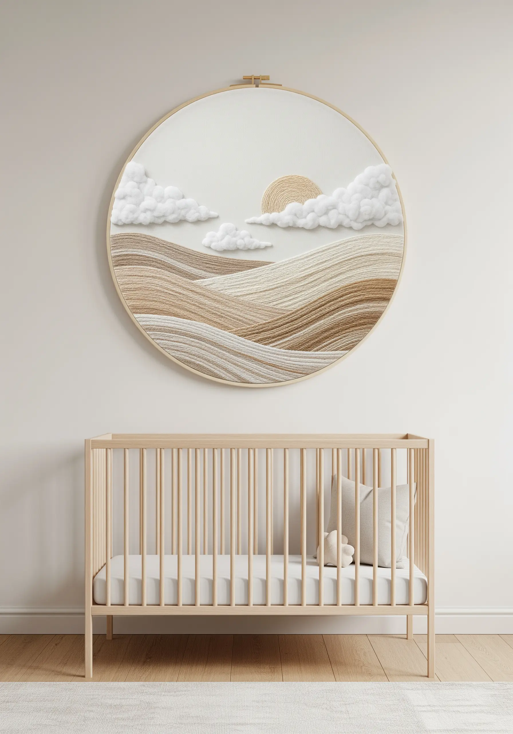 A large embroidery hoop depicting a serene landscape of rolling hills and fluffy clouds