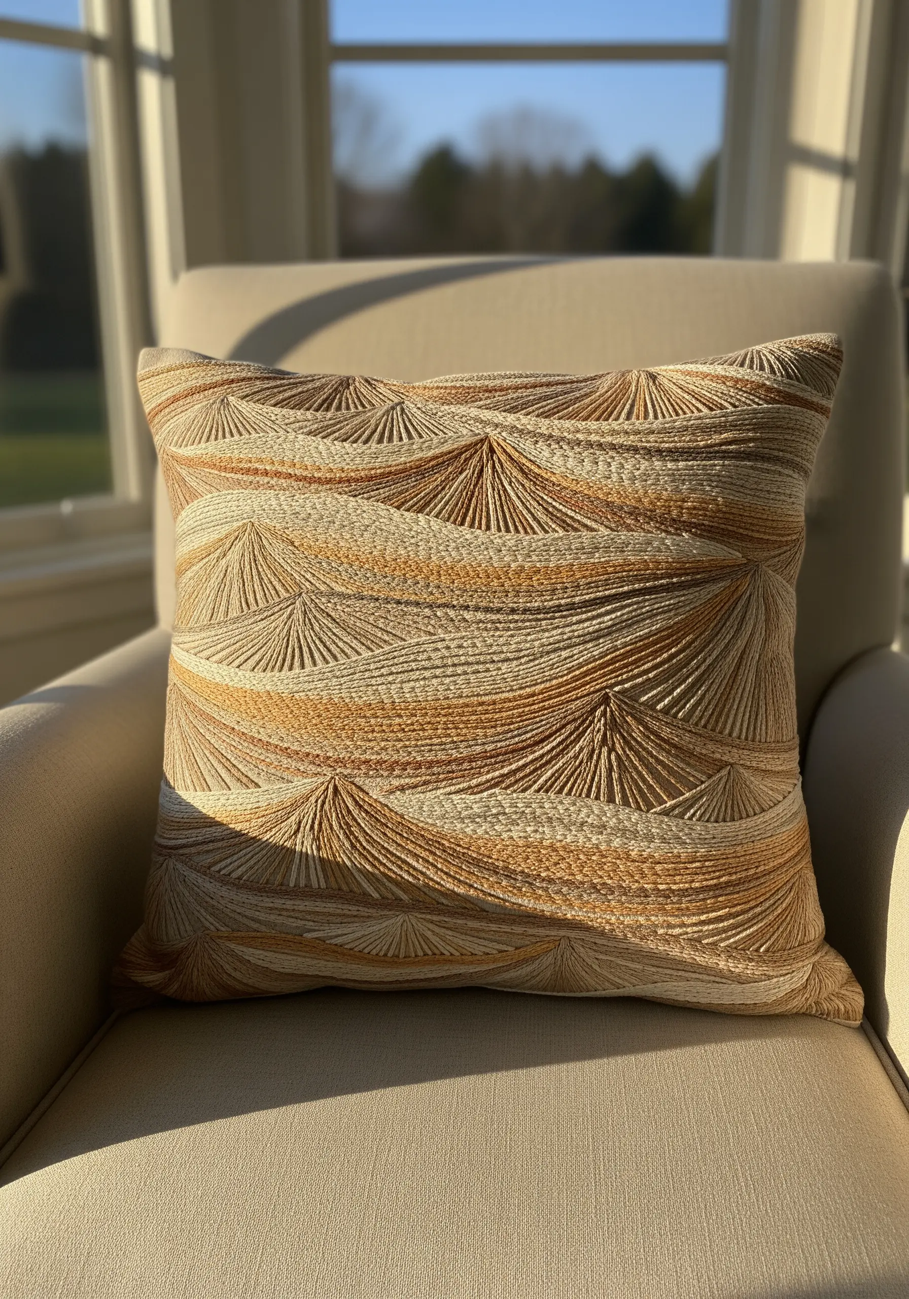 A decorative pillow with an embroidered pattern of interlocking fan stitches in beige and cream tones.