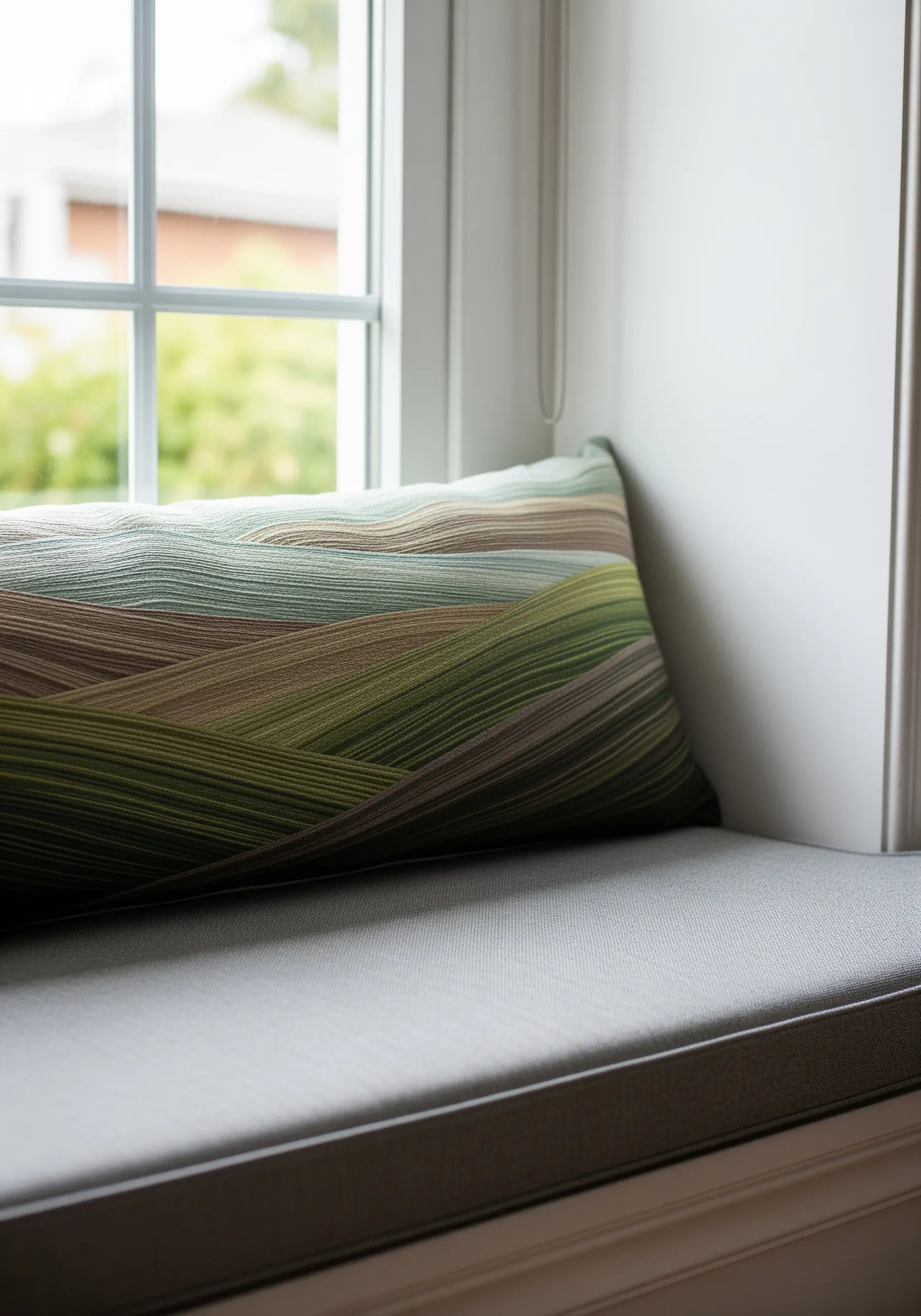 A lumbar pillow with embroidered rolling hills in a gradient of green, brown, and beige.