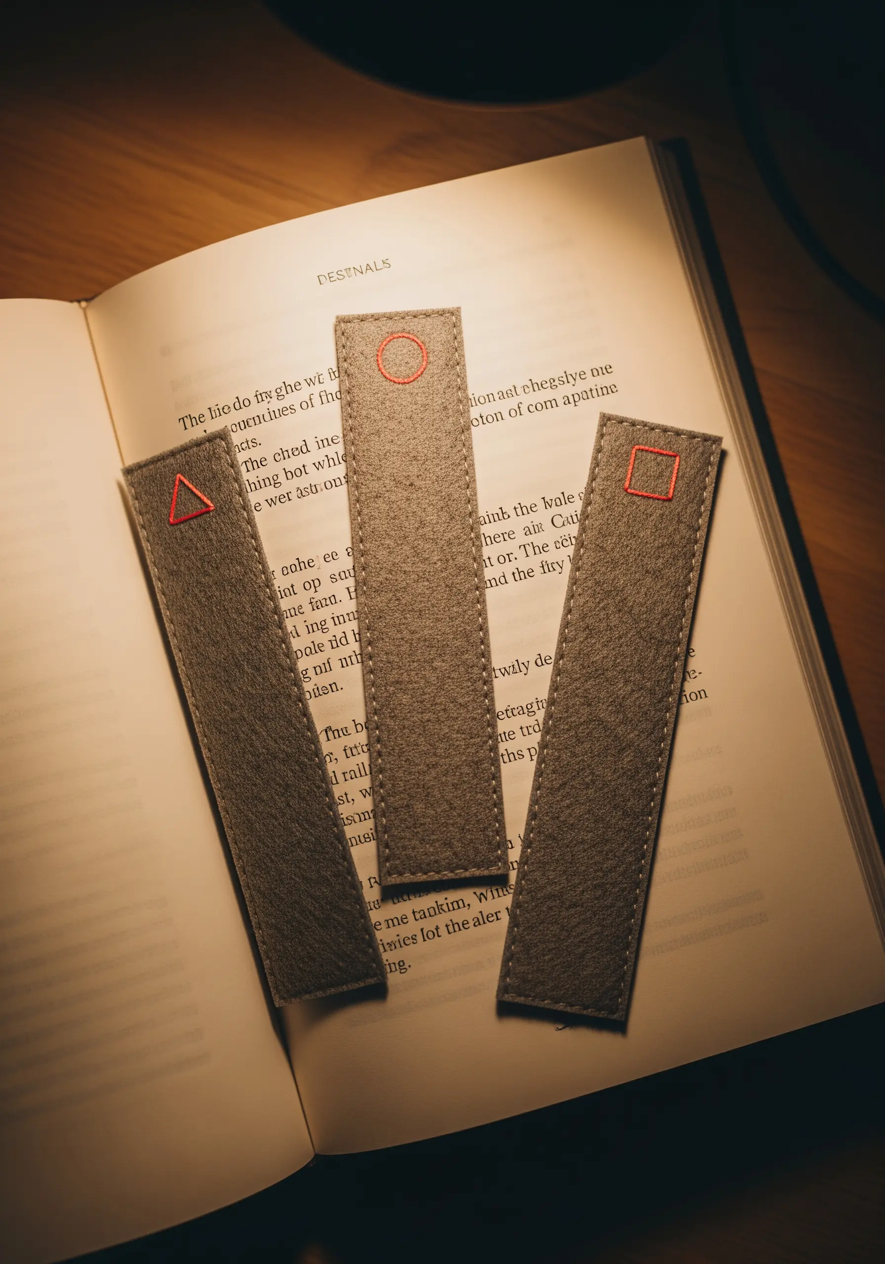 Three grey felt bookmarks, each embroidered with a simple geometric shape in red thread.