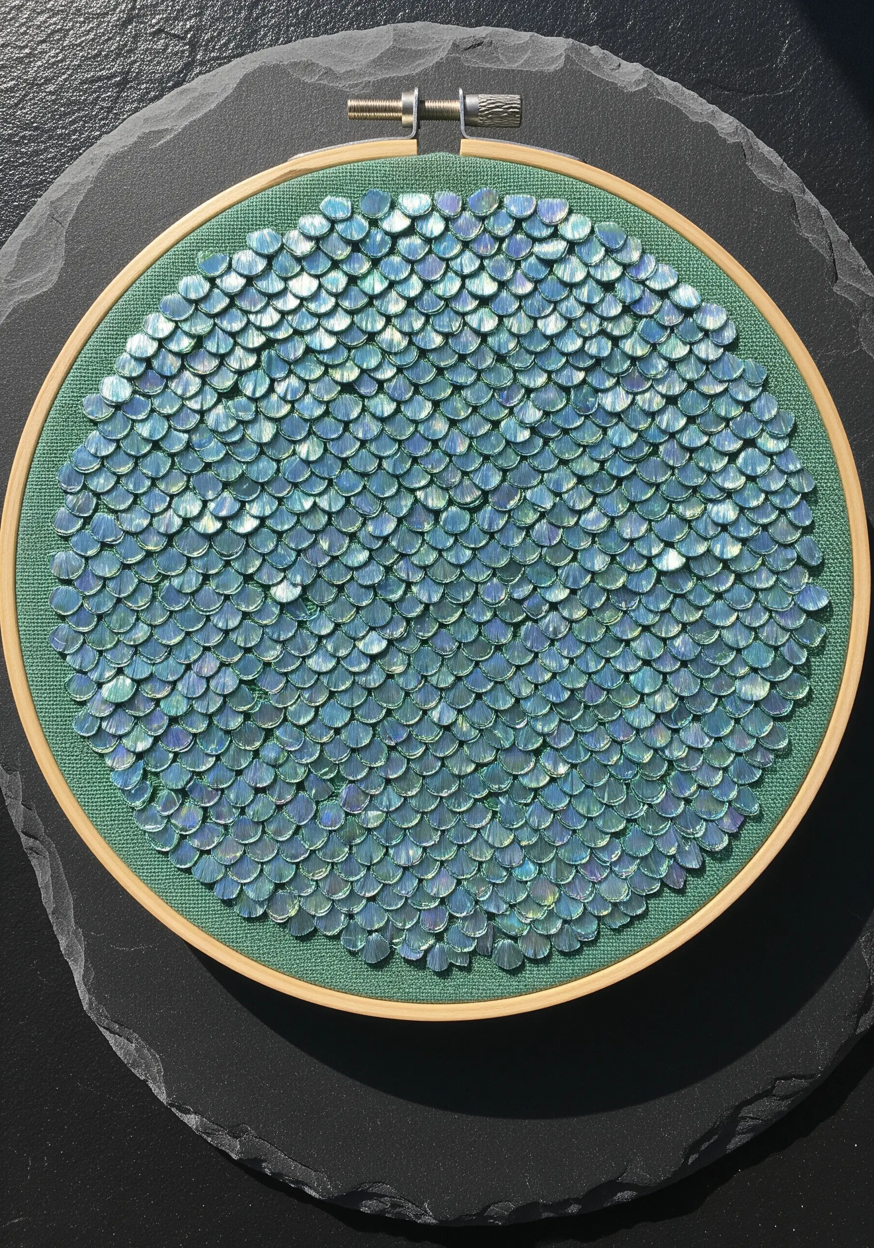 A full hoop of overlapping, iridescent embroidered fish scales in shades of green and blue.