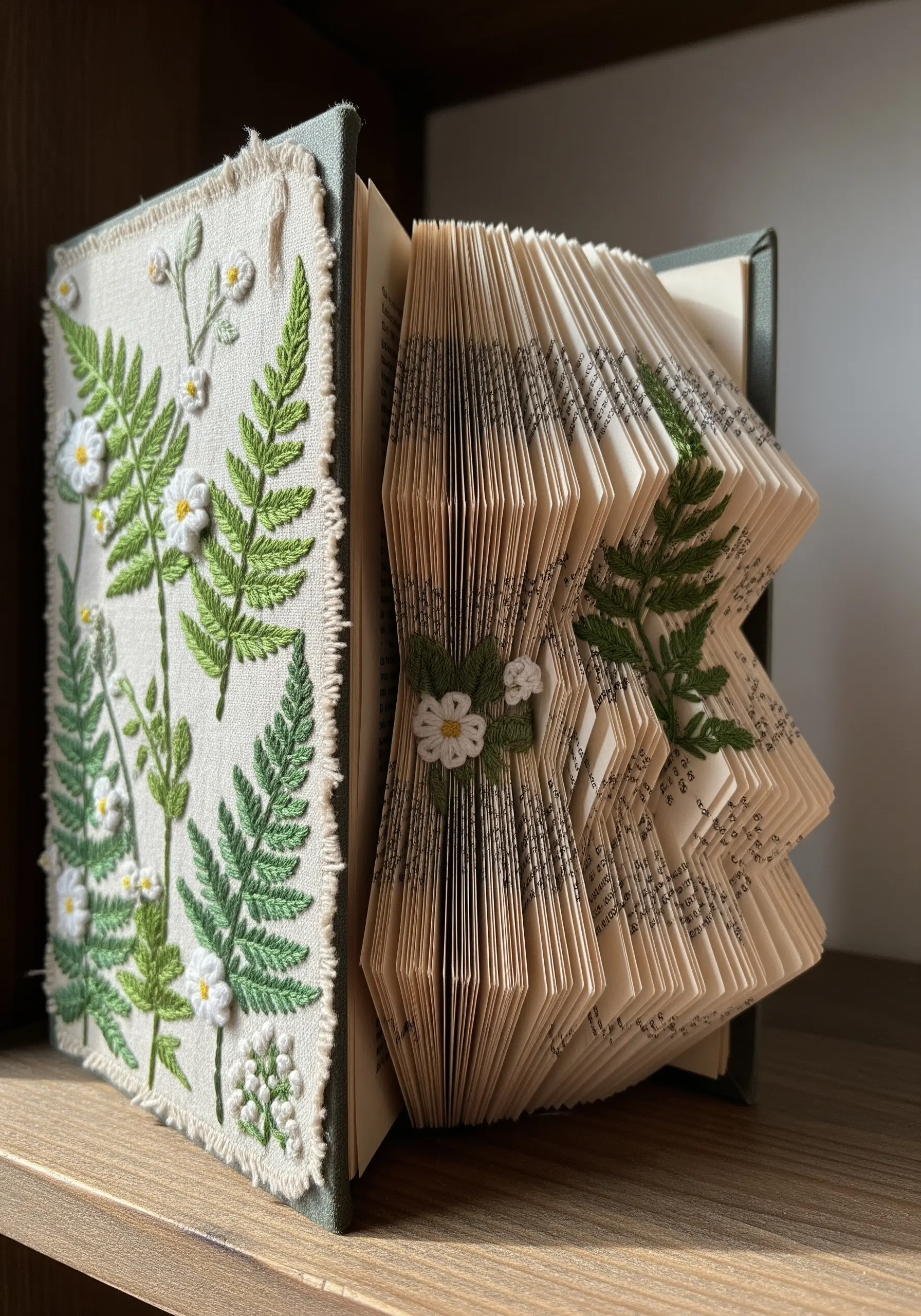 An old book with an embroidered floral cover and intricately folded pages with stitched details.