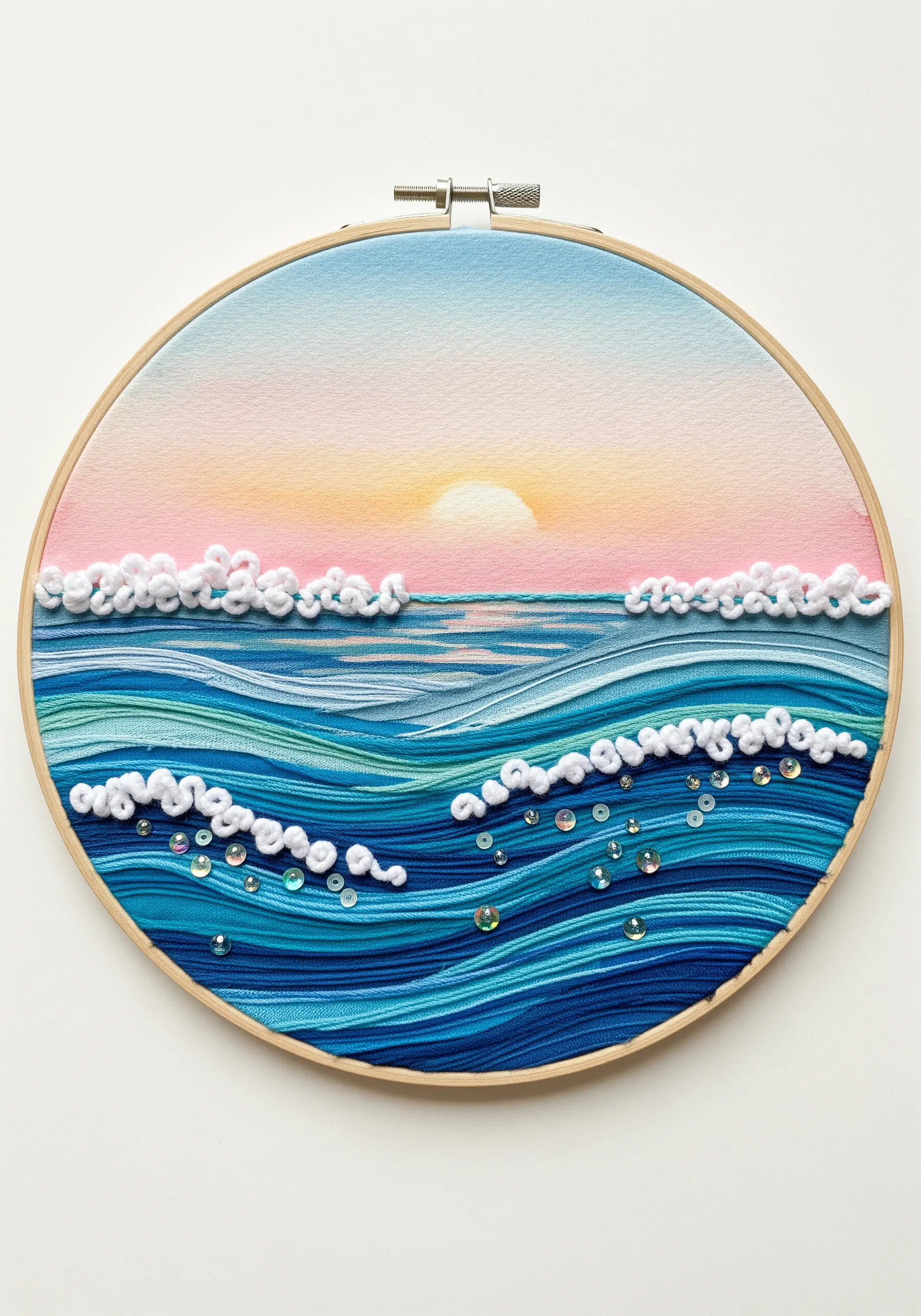 Seascape hoop art with a painted sunset sky and highly textured embroidered waves and sea foam.