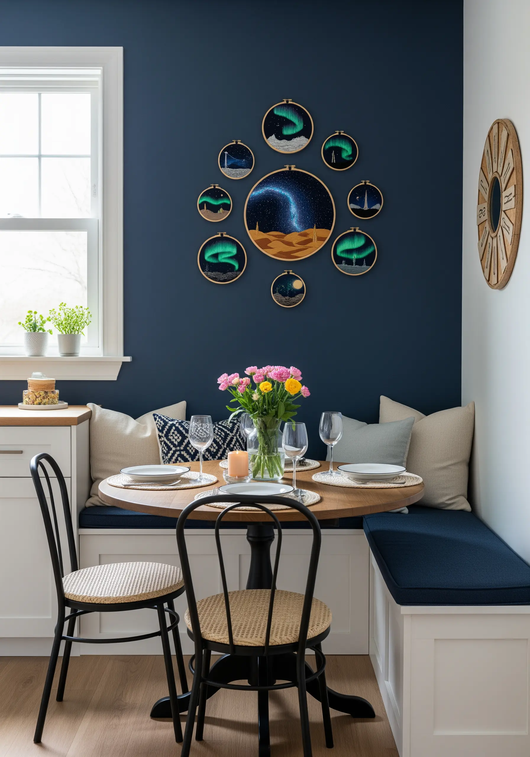 A collection of embroidery hoops depicting the aurora borealis and starry skies.