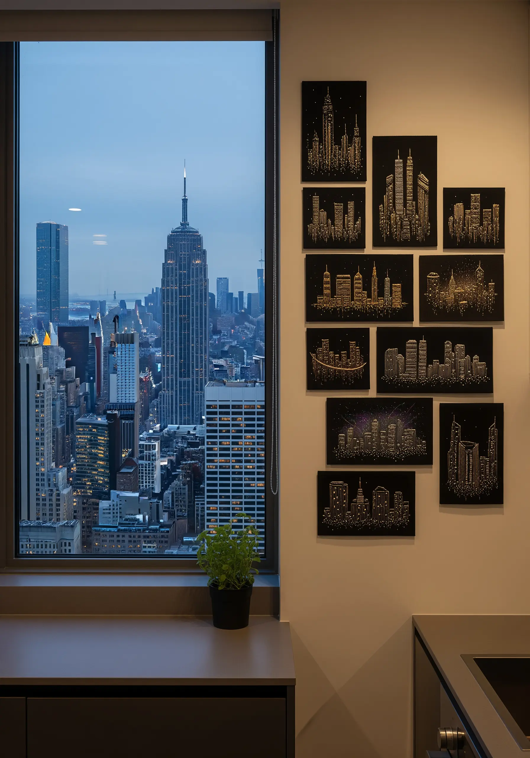A gallery wall of embroidered cityscapes at night, with lights made of tiny stitches.